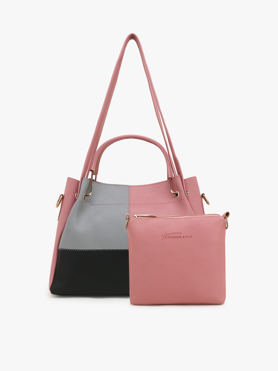 

SHINING STAR Peach-Coloured Colourblocked PU Oversized Shopper Handheld Bag
