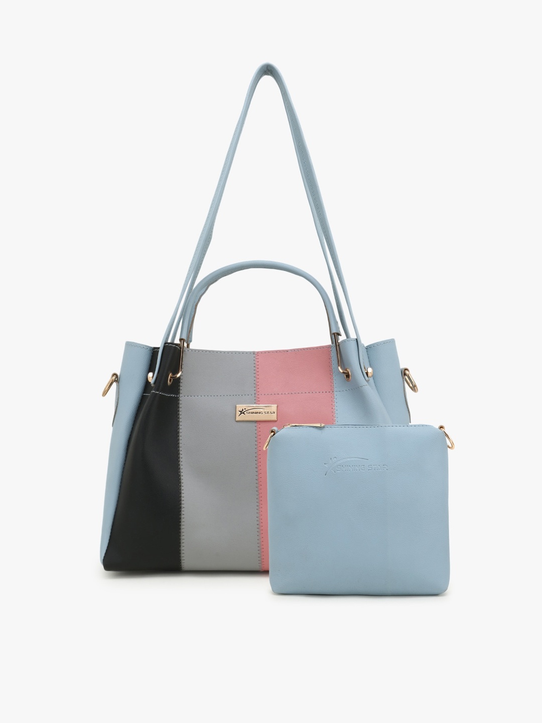 

SHINING STAR Blue Colourblocked PU Structured Shoulder Bag