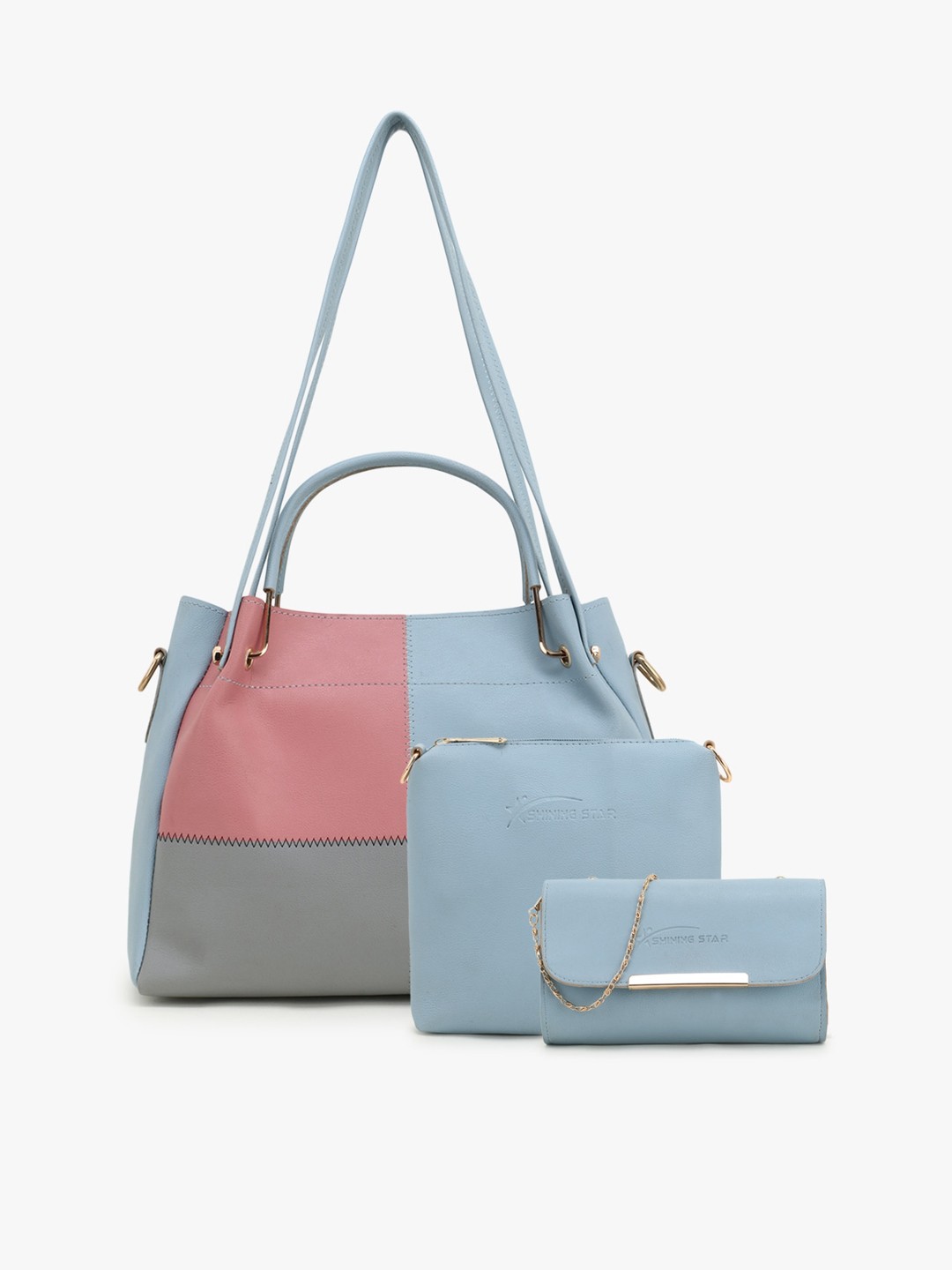 

SHINING STAR Blue Colourblocked PU Structured Handheld Bag