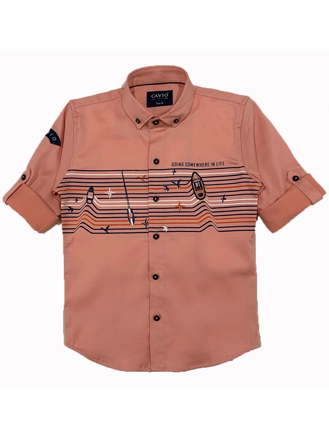 

CAVIO Boys Peach-Coloured Premium Printed Casual Shirt