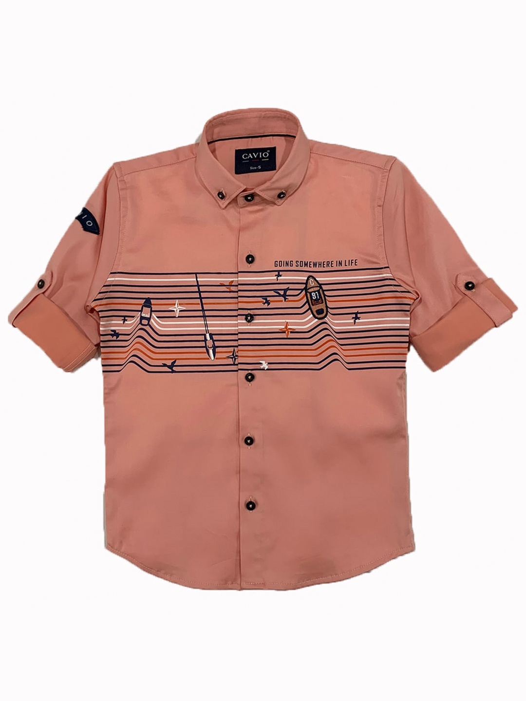 

CAVIO Boys Peach-Coloured Premium Horizontal Stripes Casual Shirt