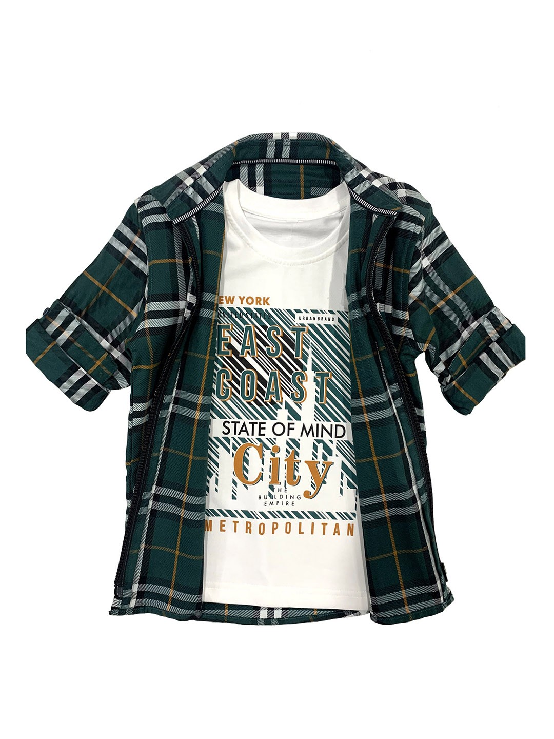 

CAVIO Boys Green Premium Checked Casual Shirt With Attached T-shirt