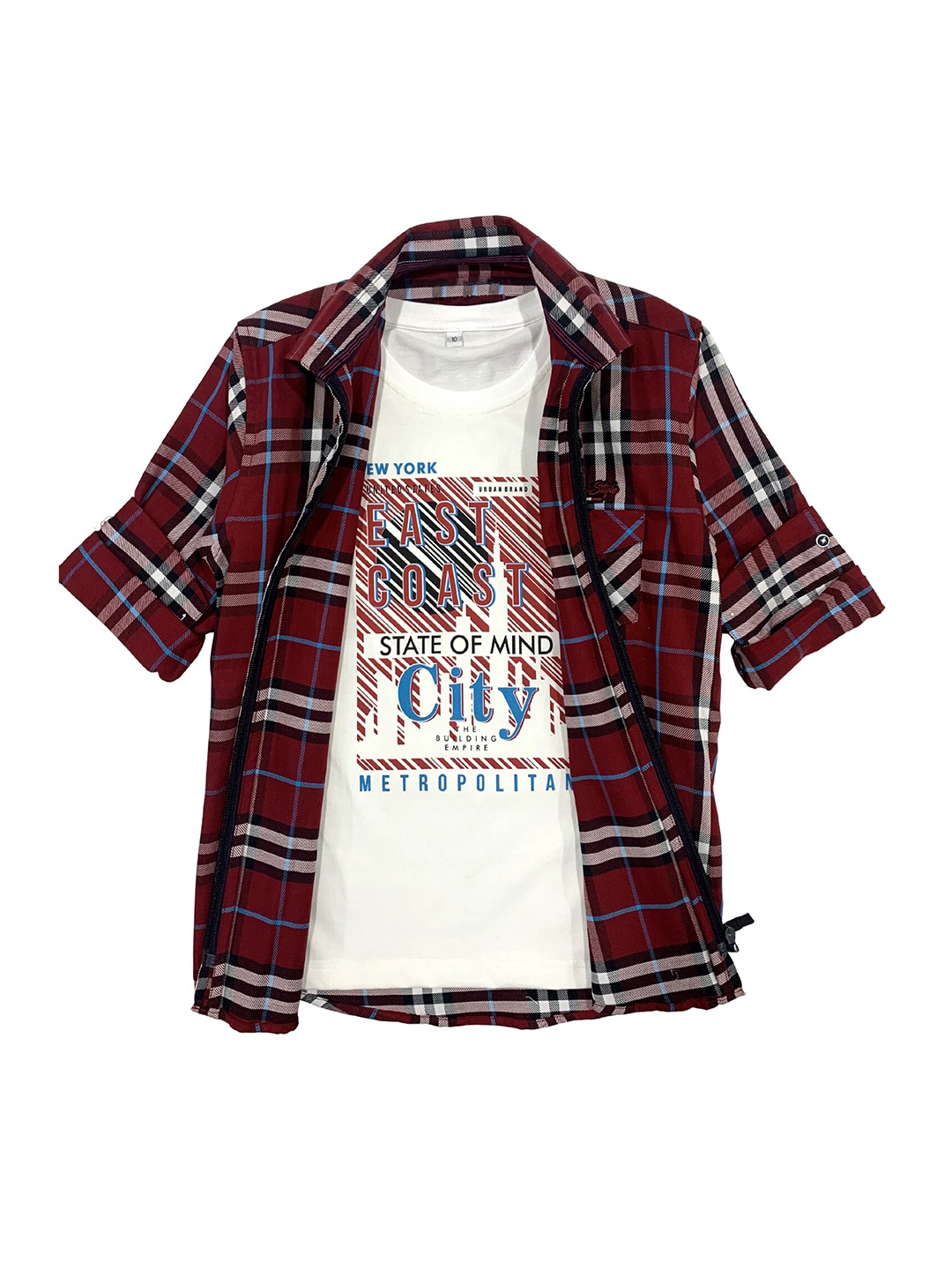 

CAVIO Boys Maroon Premium Checked Casual Shirt & T-Shirt