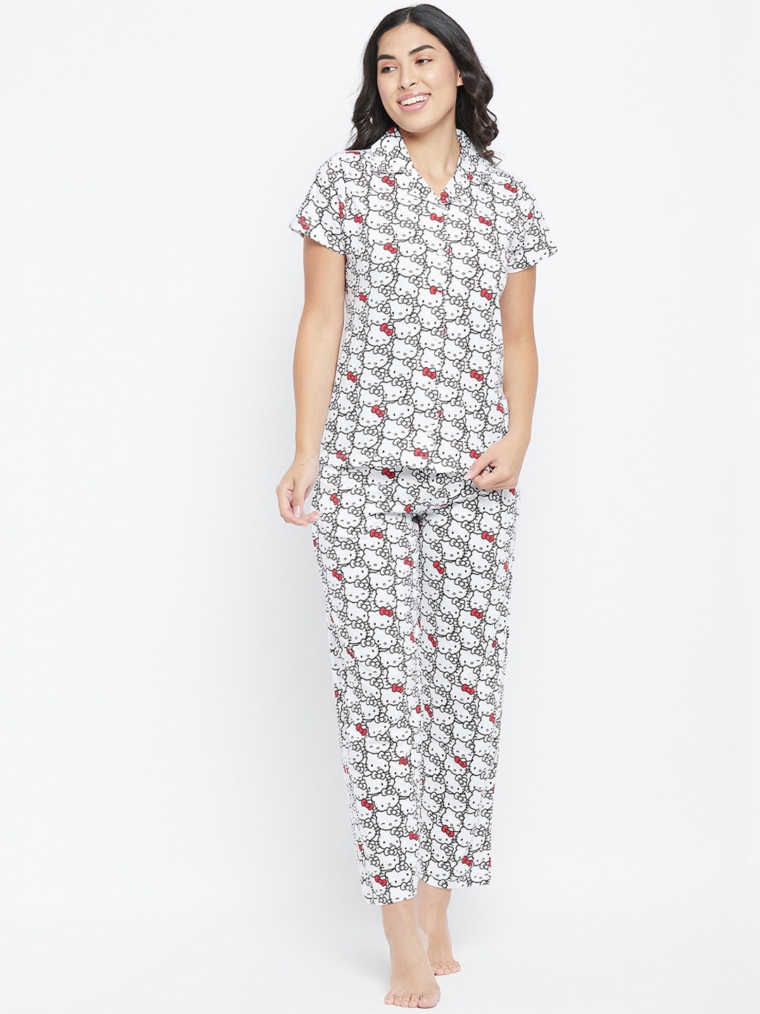 

Clovia Hello Kitty Print Button Down Shirt & Pyjama Set, White