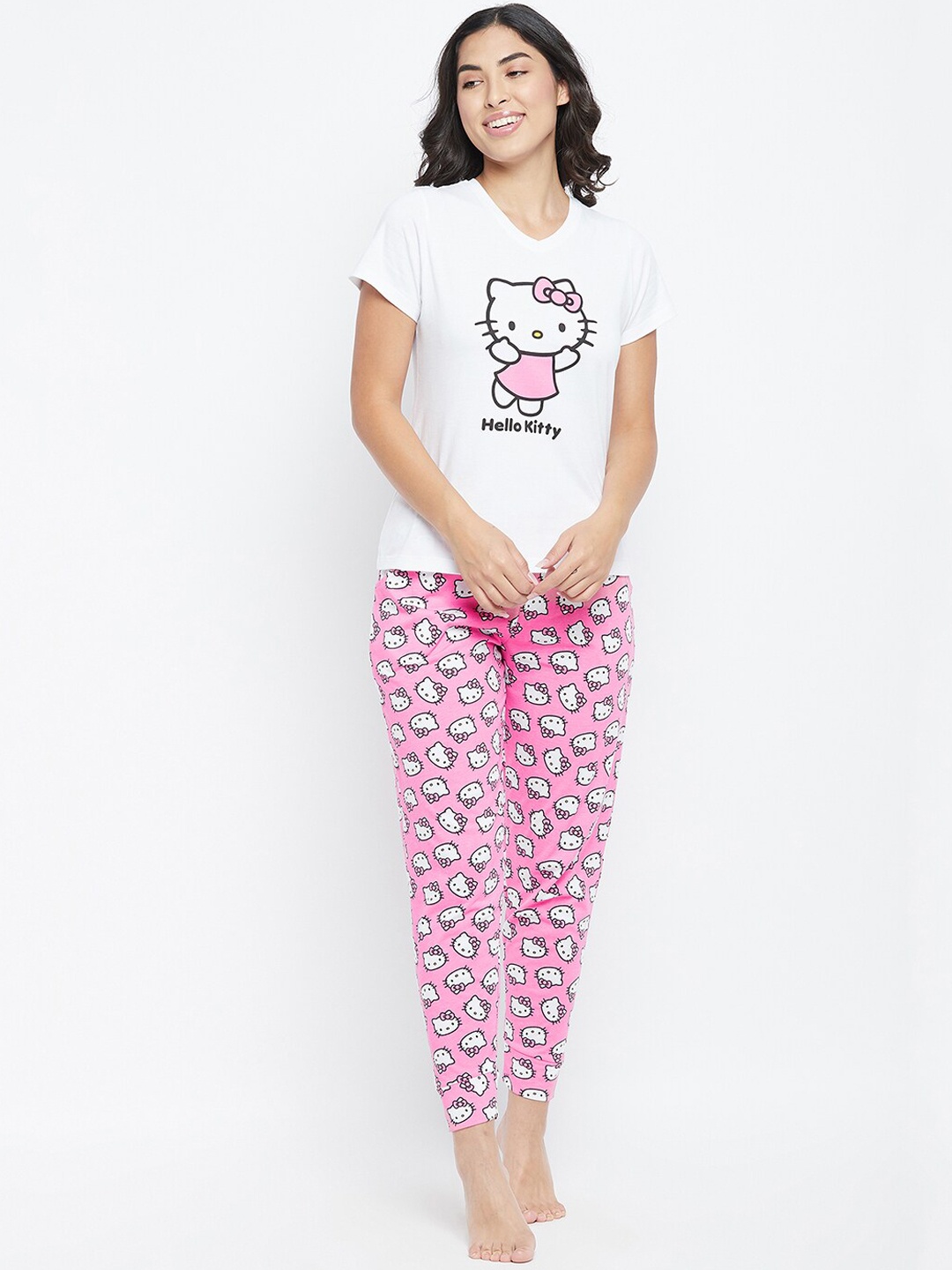 

Clovia Women White & Black Hello Kitty Printed Cotton Night suit