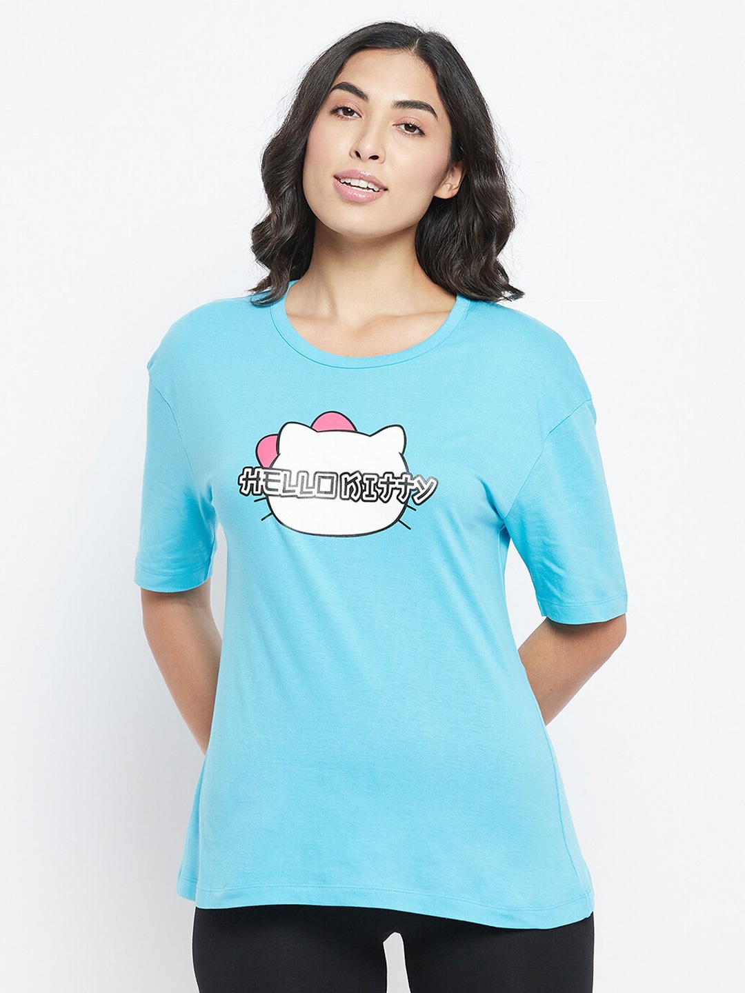 

Clovia Women Hello Kitty Text & Graphic Print Pure Cotton T-shirt, Blue