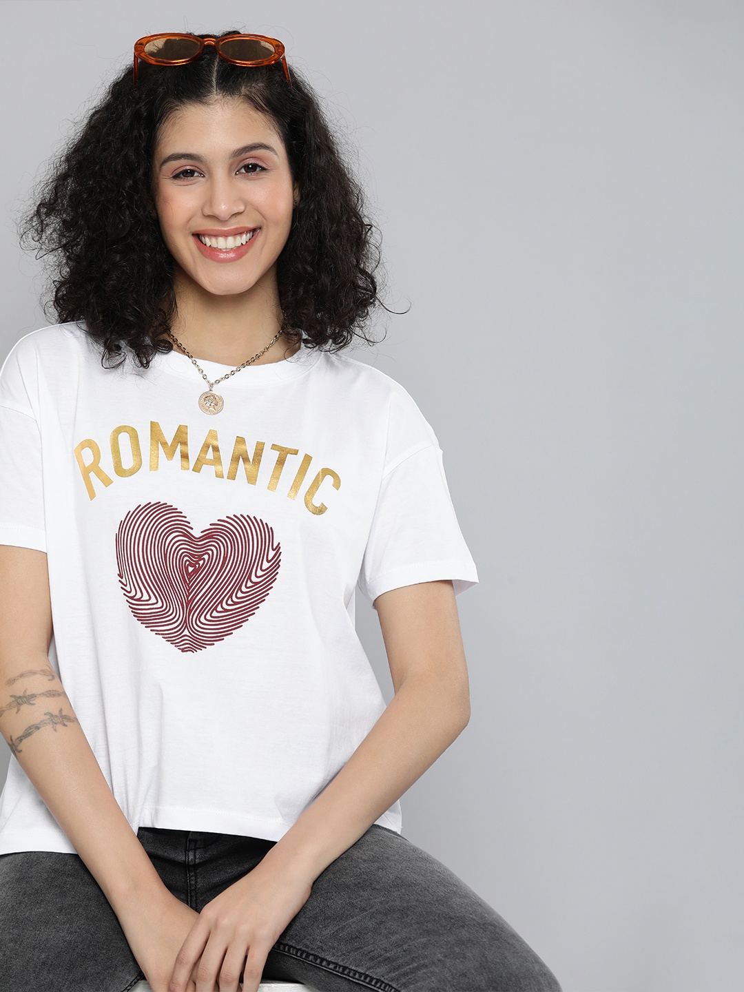 

HERE&NOW Women White Printed Casual T-shirt