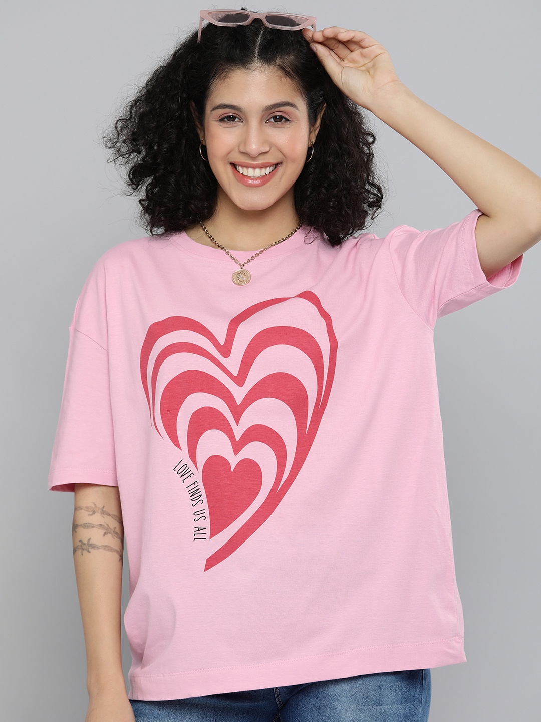 

HERE&NOW Women Pink Printed Drop-Shoulder Sleeved casual T-shirt
