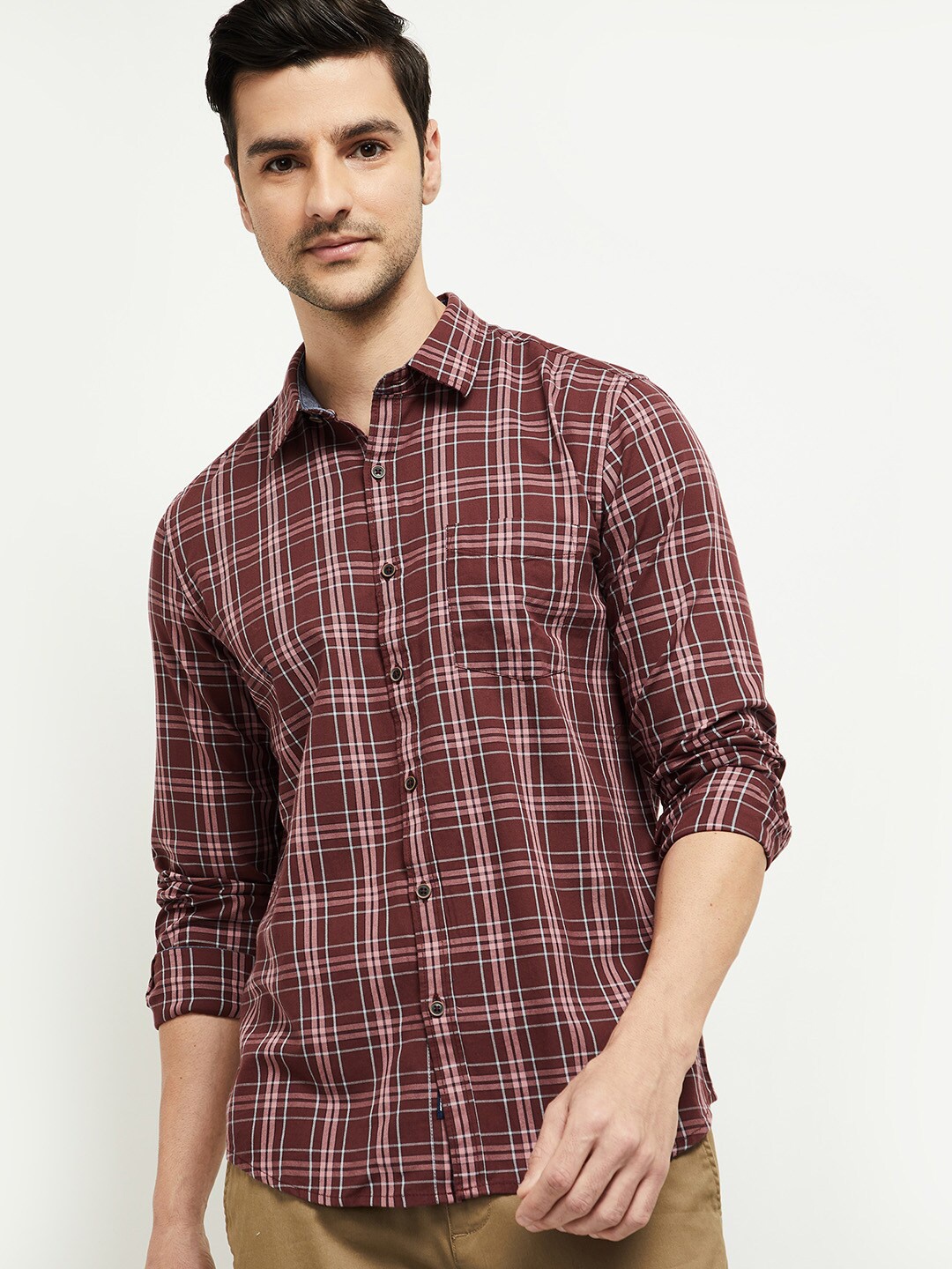 

max Men Maroon Comfort Regular Fit Tartan Checked Pure Cotton Casual Shirt