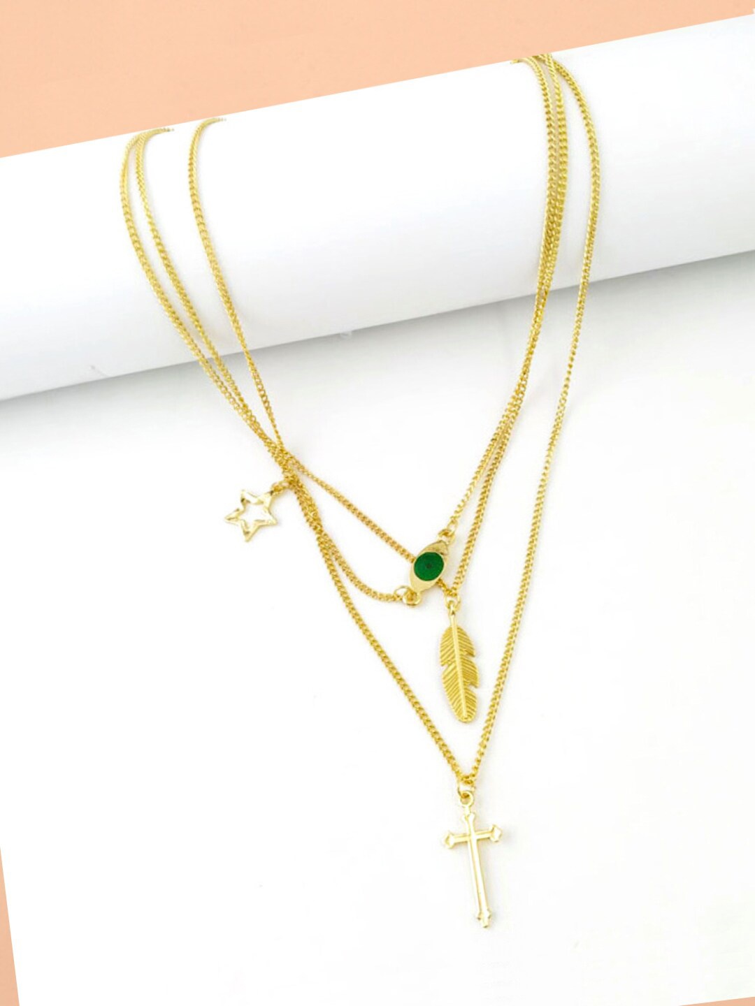 

Yellow Chimes Gold-Plated Green Stone-Studded Layered Necklace