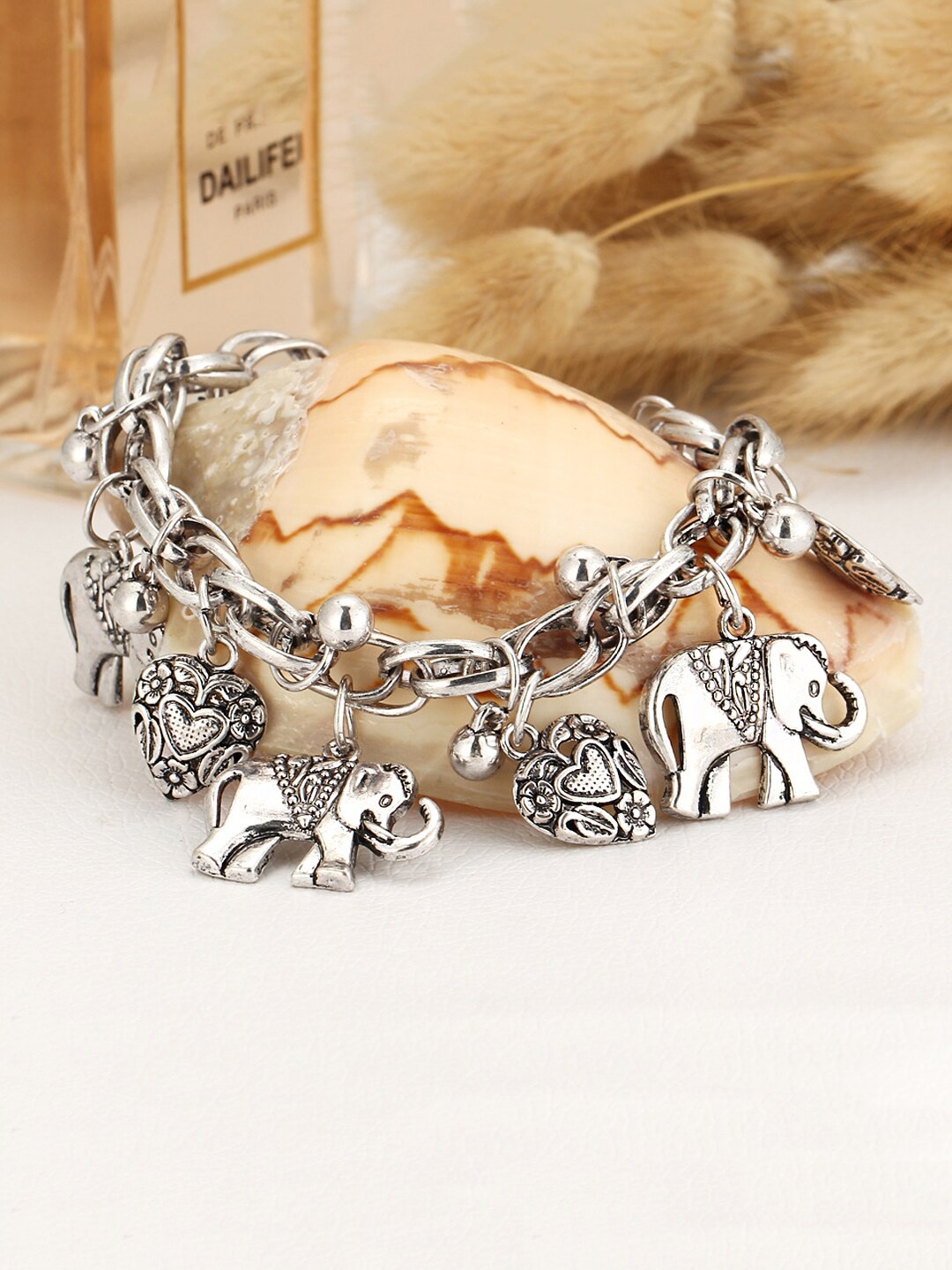 

Yellow Chimes Silver-Toned & Plated Elephant & Heart Charms Anklet
