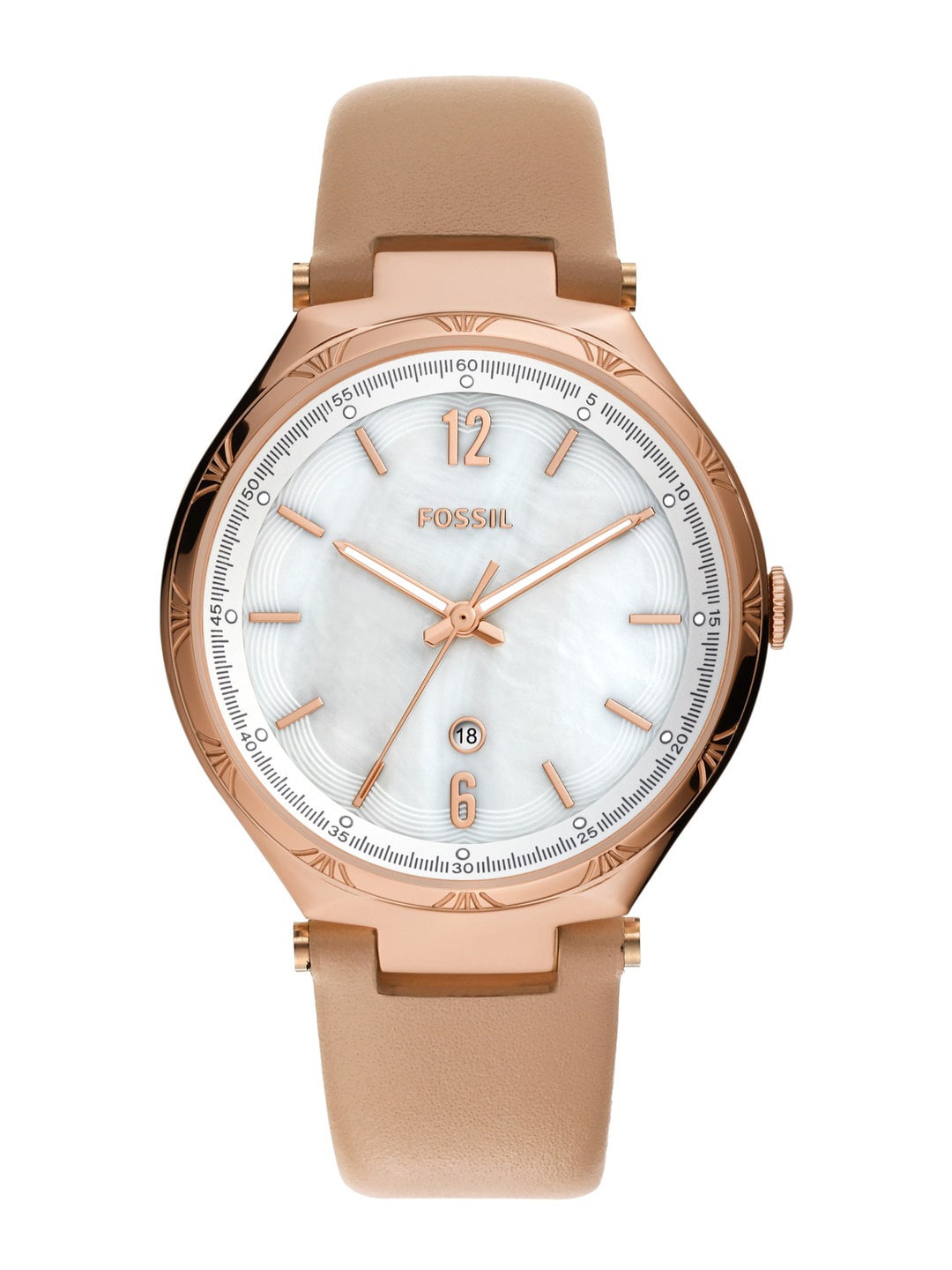 

Fossil Women White Embellished Dial & Pink Leather Straps Analogue Watch - BQ3743