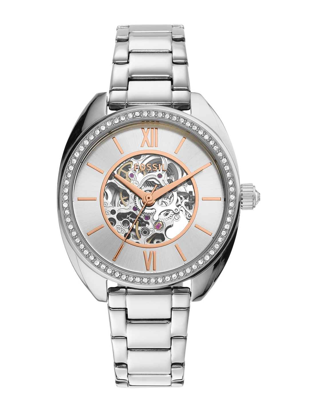 

Fossil Women Silver-Toned Embellished Dial & Silver Toned Stainless Steel Bracelet Style Straps Analogue Watch