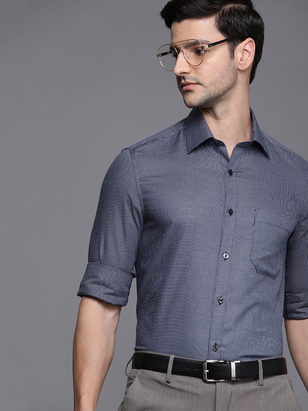 

Louis Philippe Men Navy Blue Self Design Regular Fit Pure Cotton Formal Shirt