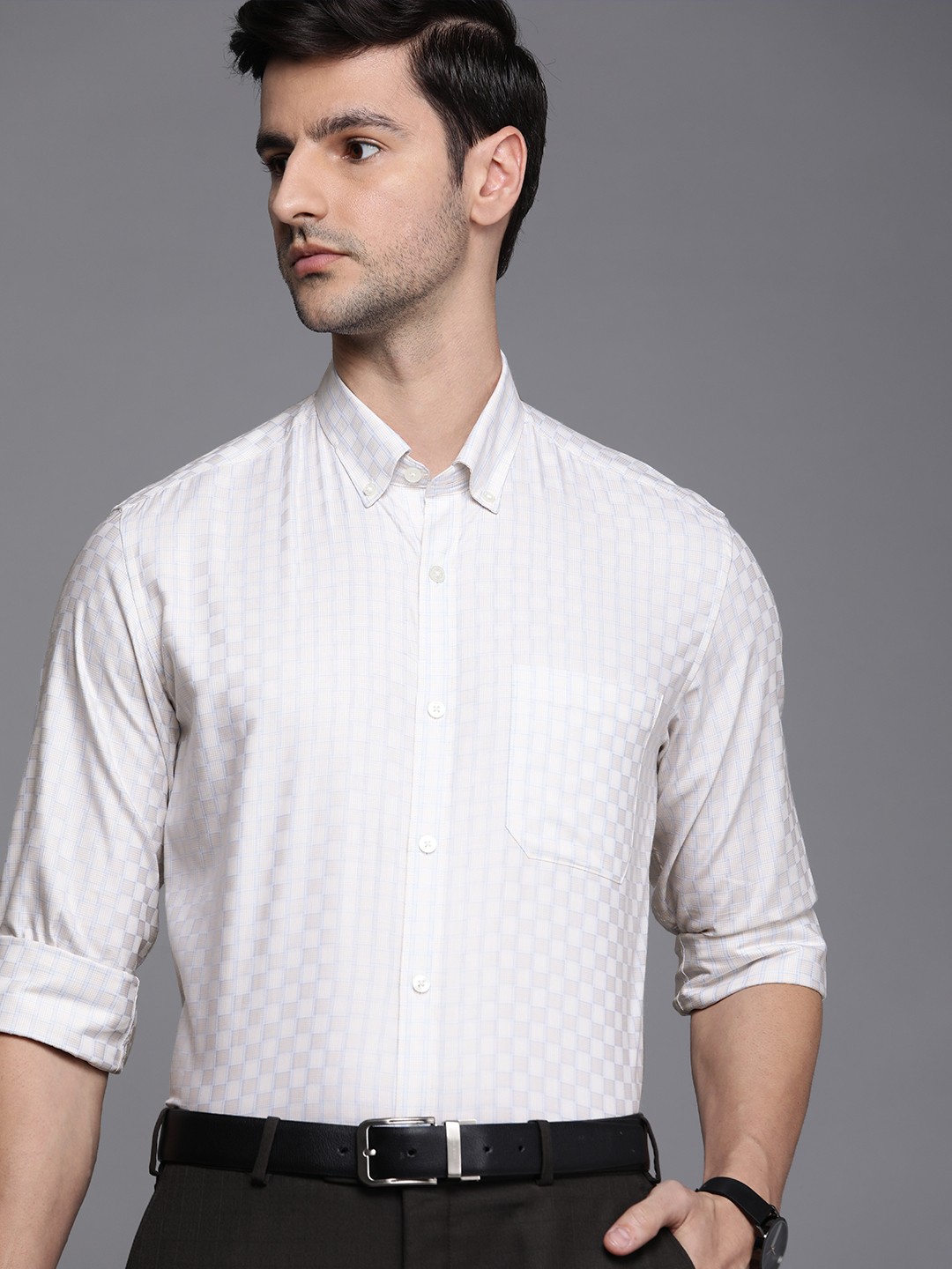 

Louis Philippe Men Cream-Coloured Slim Fit Windowpane Checks Checked Formal Shirt
