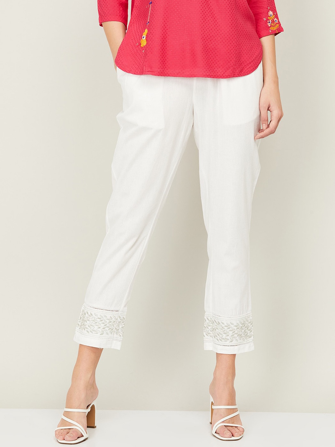 

Melange by Lifestyle Women White Cotton Linen Trousers