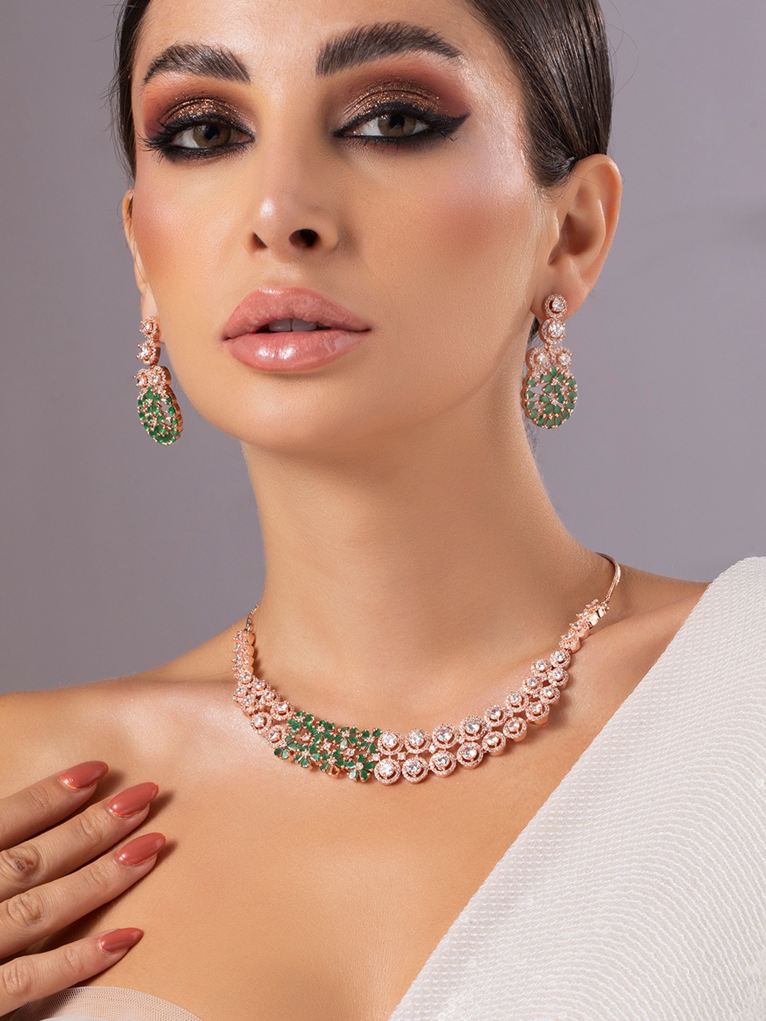 

Rubans Green and Silver Studded AD Contemporary Necklace Set, Rose gold
