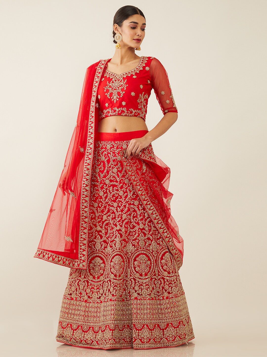 

Soch Red & Gold-Toned Velvet Embroidered Unstitched Lehenga & Blouse With Dupatta