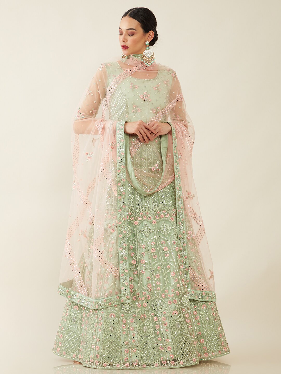 

Soch Green & Pink Embroidered Unstitched Lehenga & Blouse With Dupatta