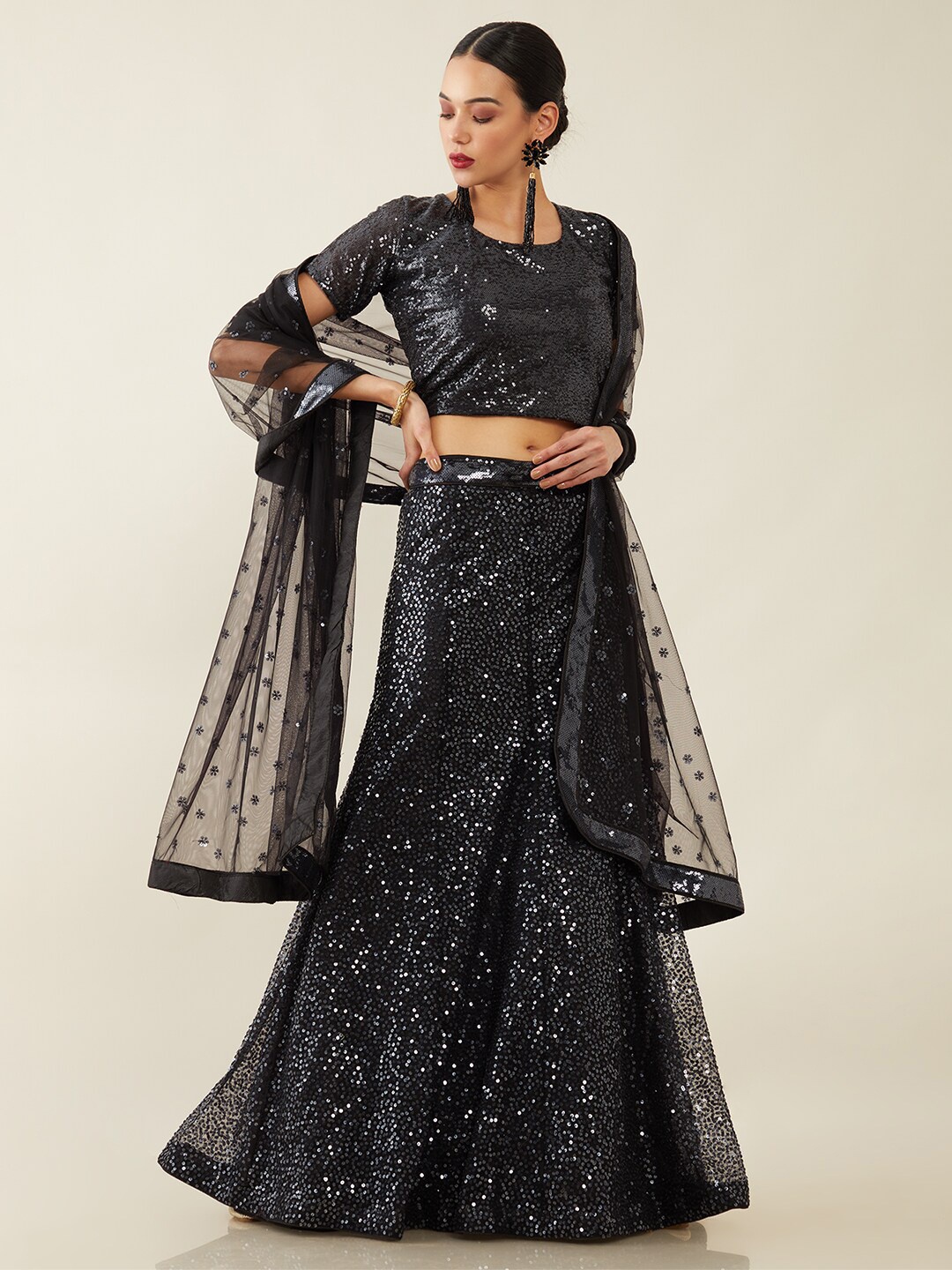 

Soch Black & Silver-Toned Embellished Sequinned Unstitched Lehenga & Blouse With Dupatta