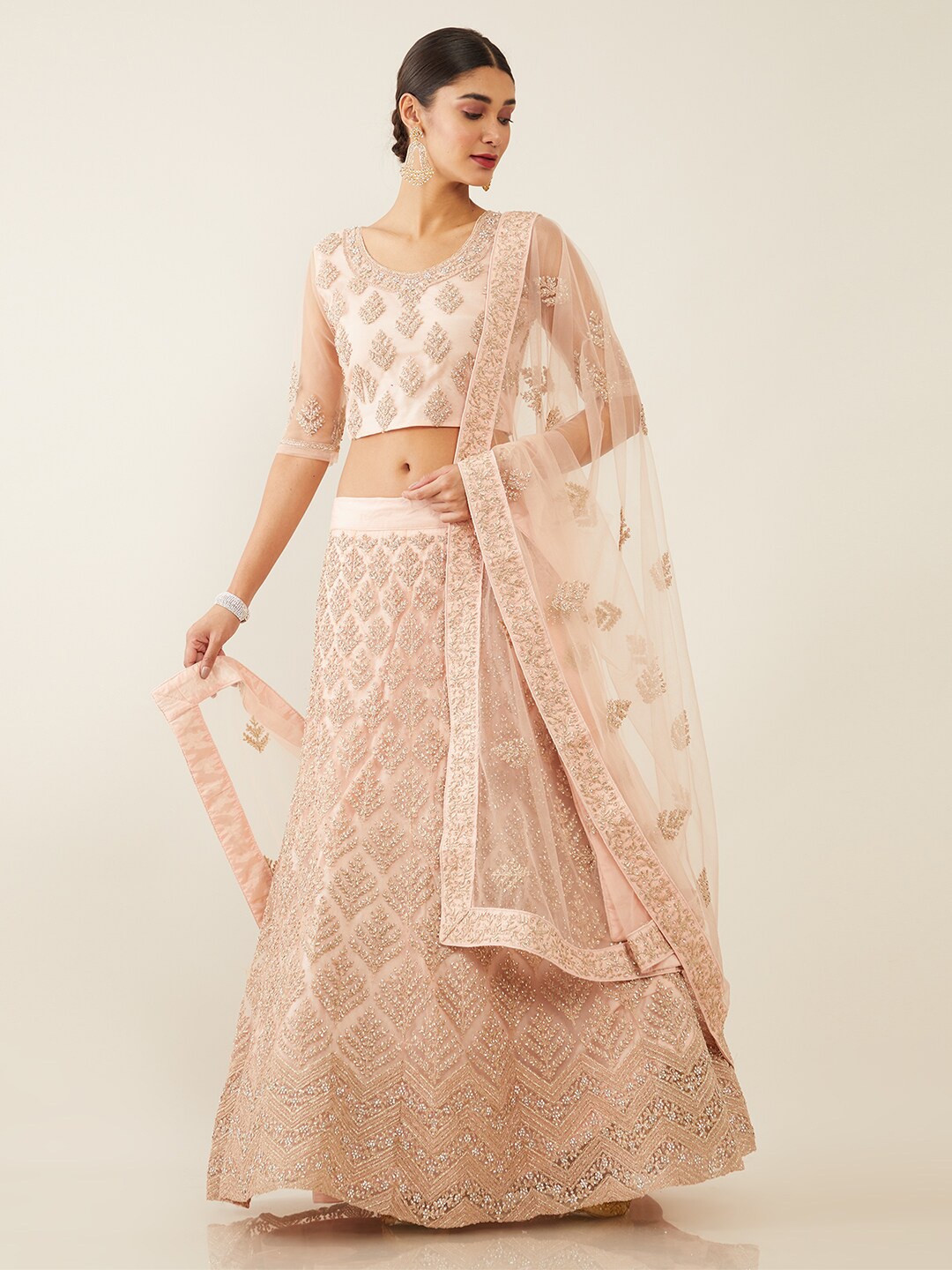 

Soch Peach-Coloured Embroidered Unstitched Lehenga & Blouse With Dupatta