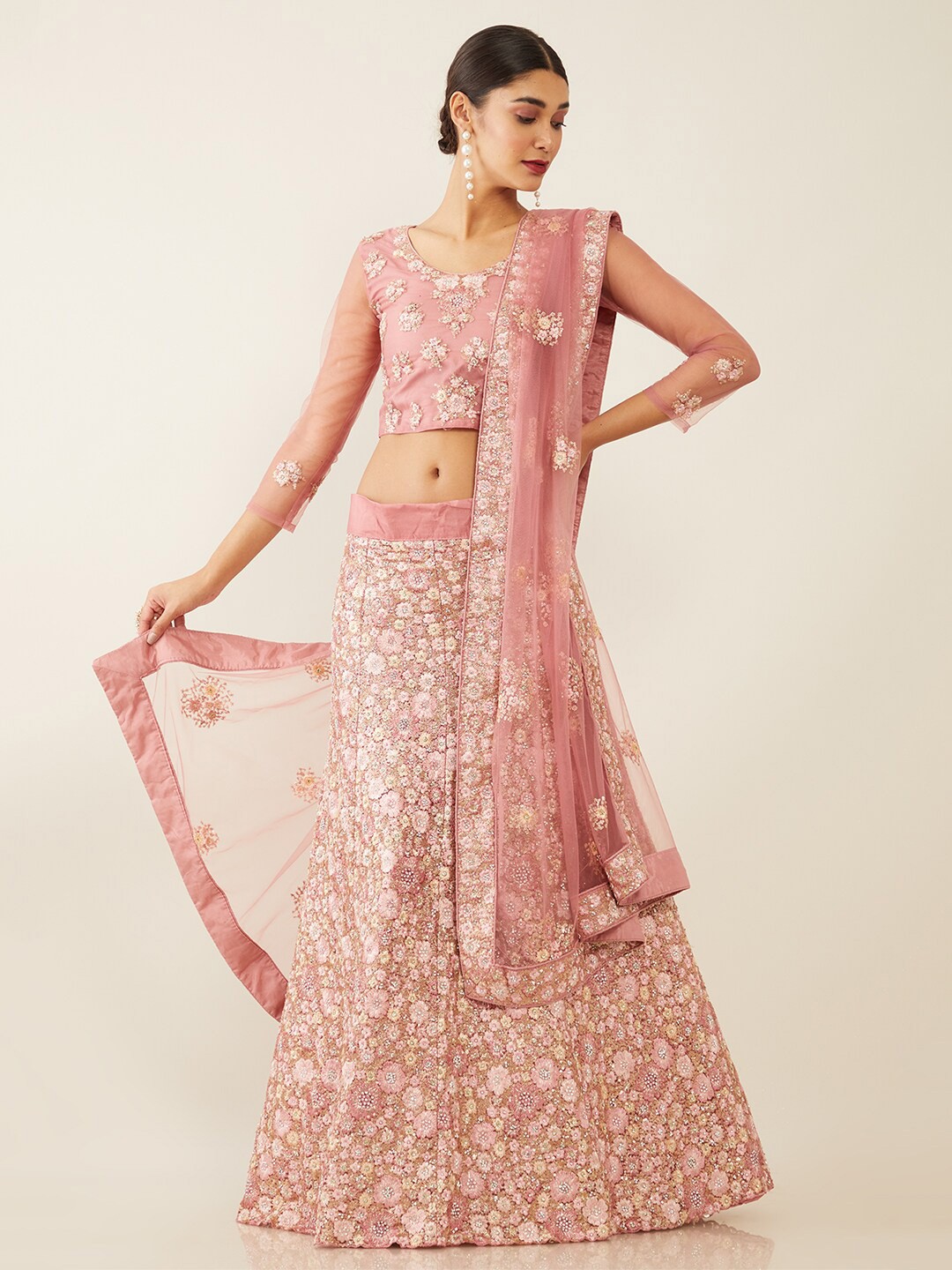 

Soch Pink & Silver-Toned Embroidered Unstitched Lehenga & Blouse With Dupatta