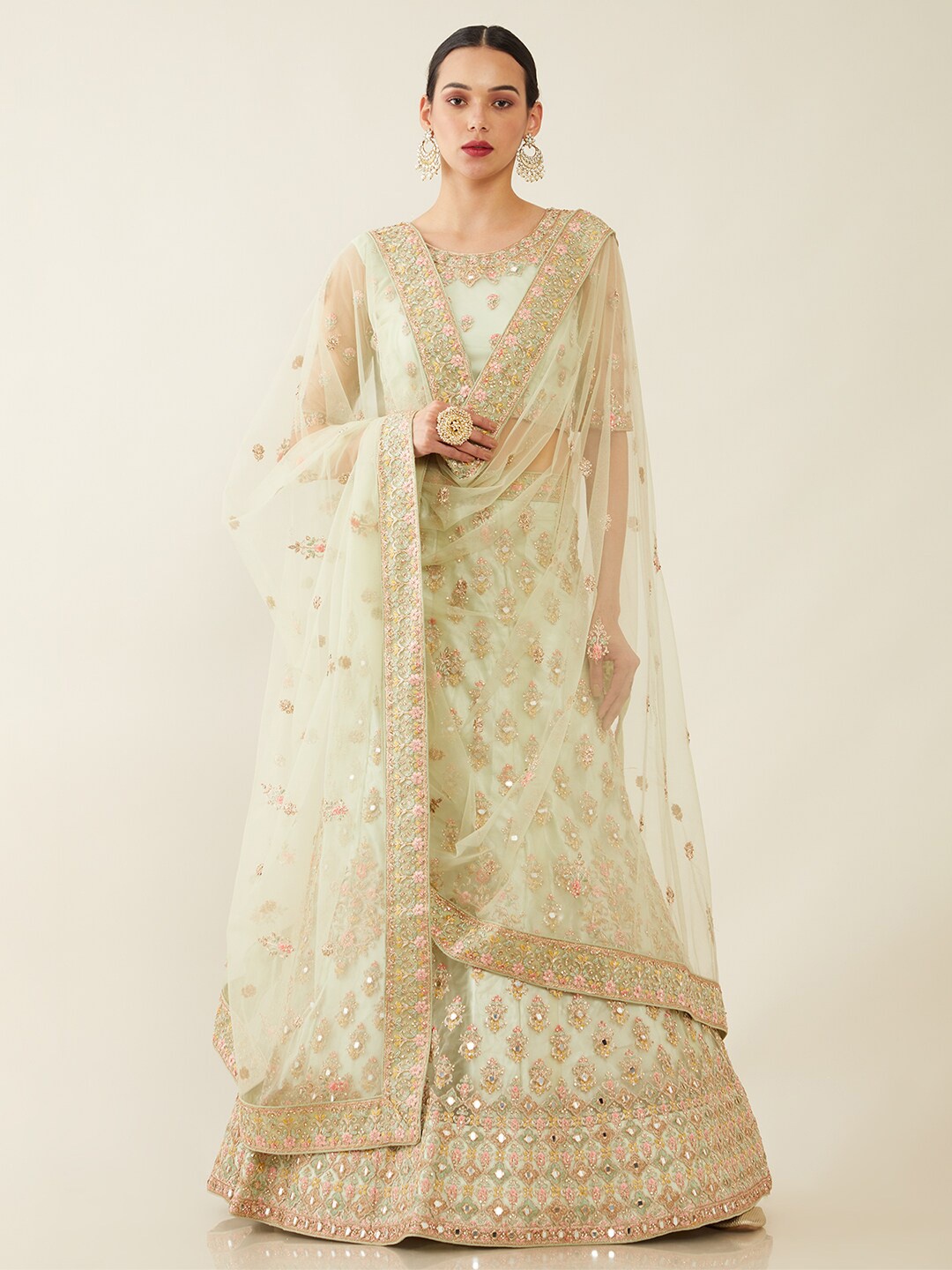 

Soch Green & Gold-Toned Embroidered Mirror Work Unstitched Lehenga & Blouse With Dupatta