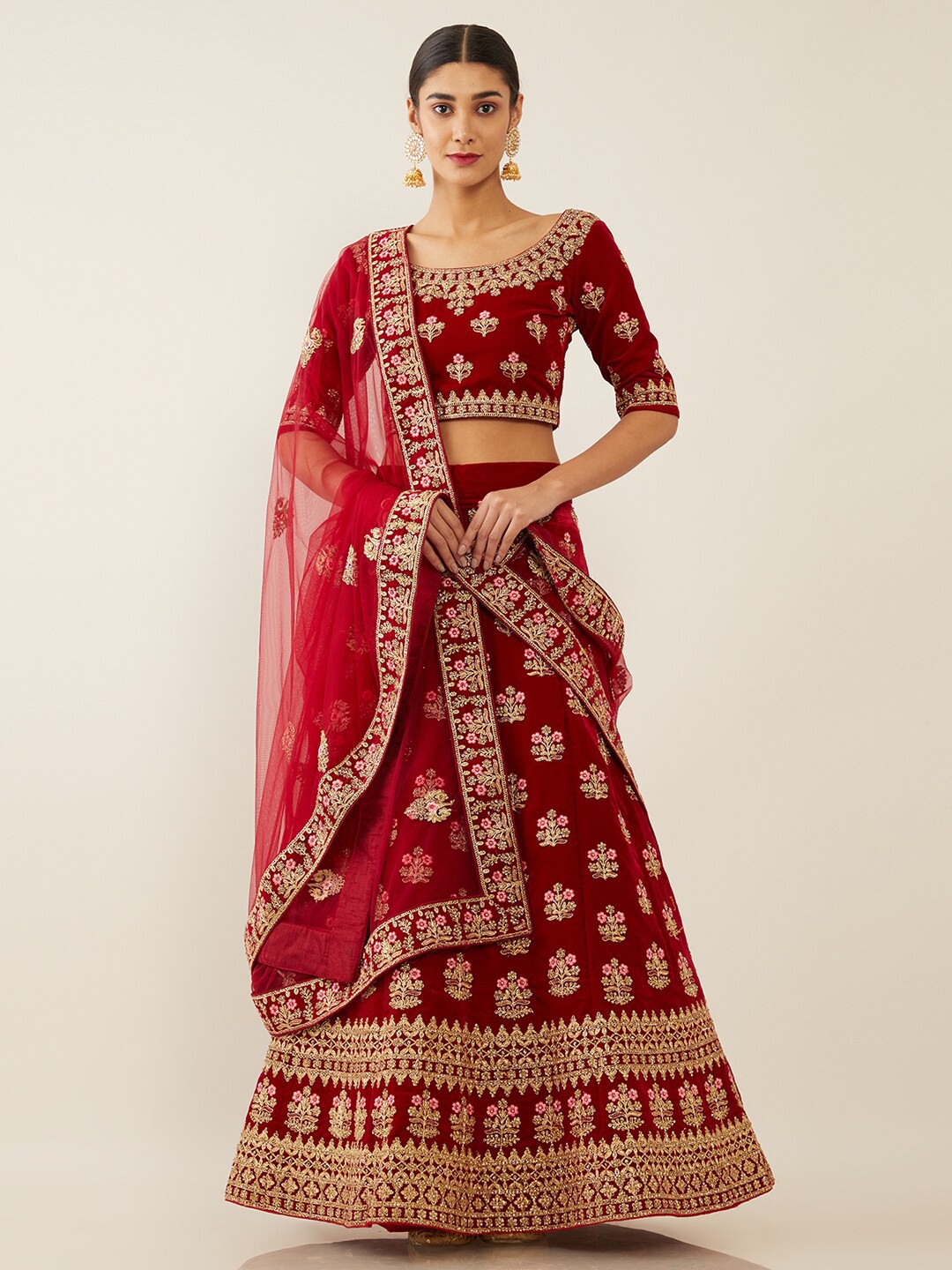

Soch Maroon & Gold-Toned Embroidered Sequinned Unstitched Lehenga & Blouse With Dupatta