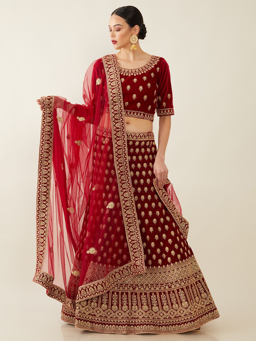 

Soch Maroon & Gold-Toned Embroidered Unstitched Lehenga & Blouse With Dupatta