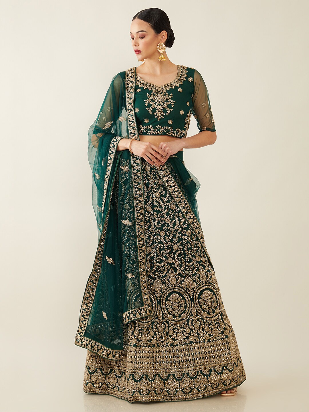 

Soch Green & Gold-Toned Embellished Unstitched Lehenga & Blouse With Dupatta