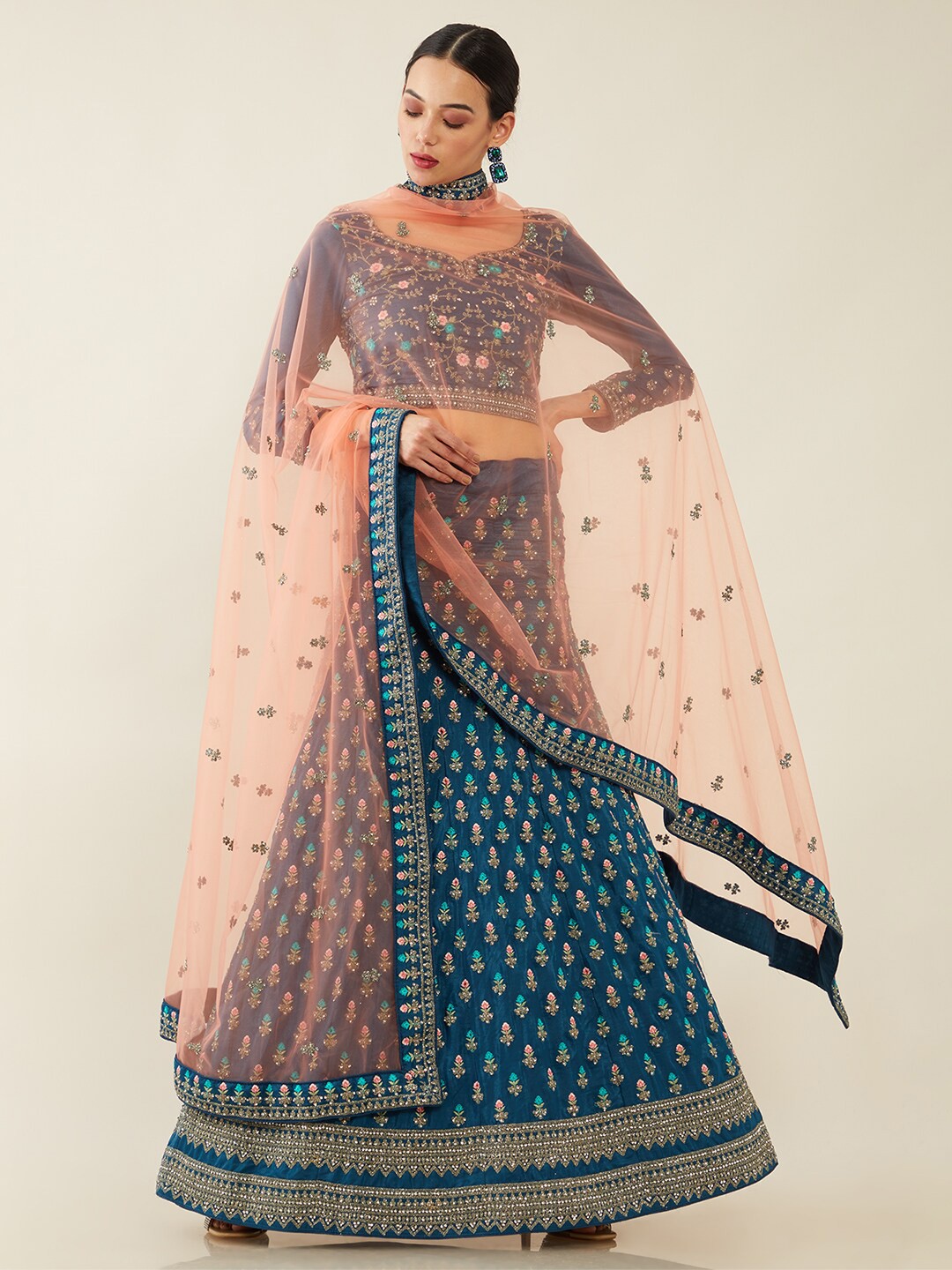 

Soch Blue & Pink Embroidered Unstitched Lehenga & Blouse With Dupatta