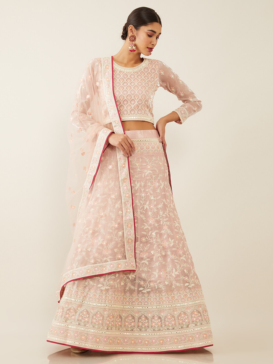 

Soch Pink & Silver-Toned Embroidered Thread Work Unstitched Lehenga & Blouse With Dupatta