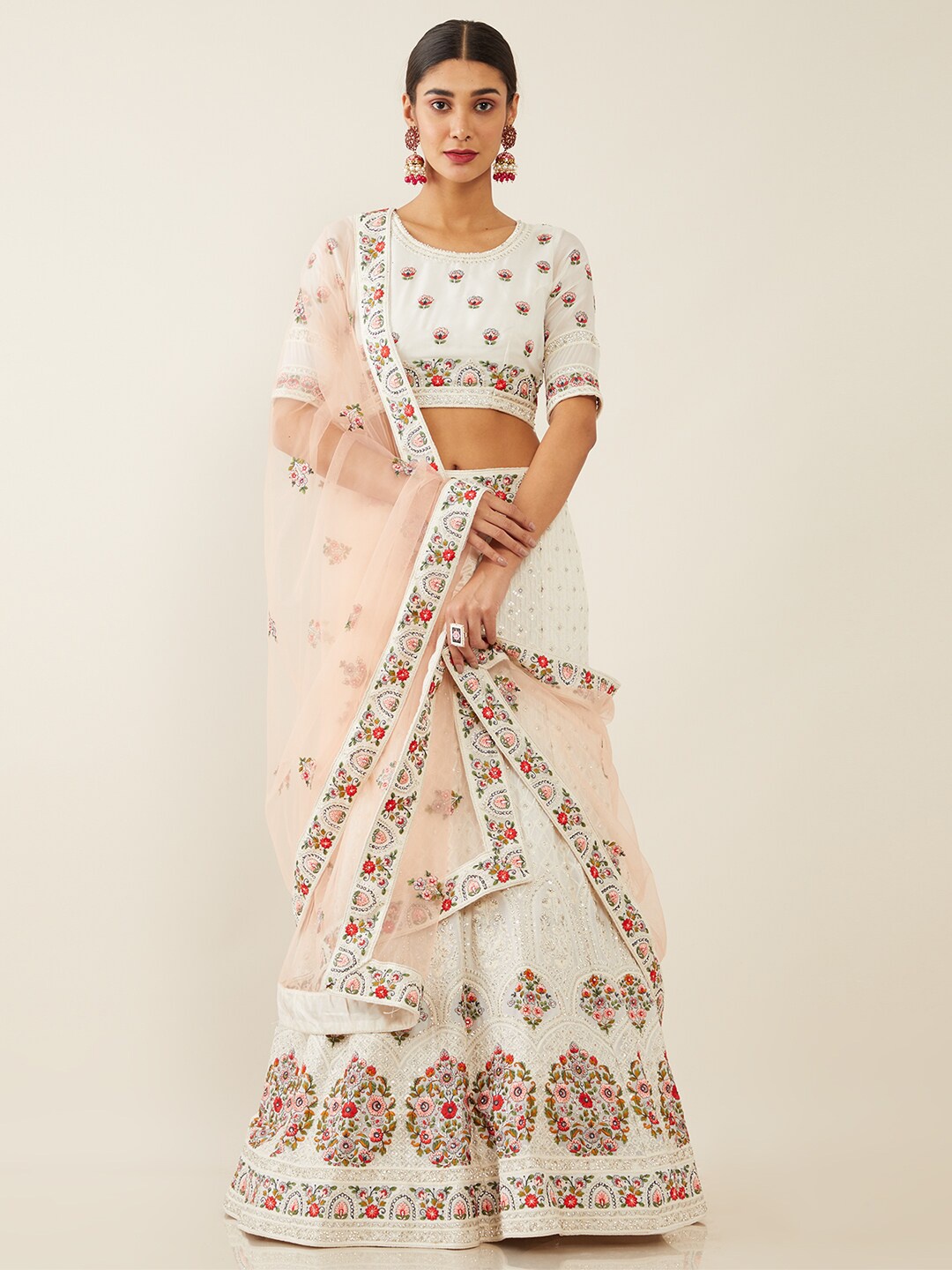 

Soch Off White & Red Embroidered Unstitched Lehenga & Blouse With Dupatta