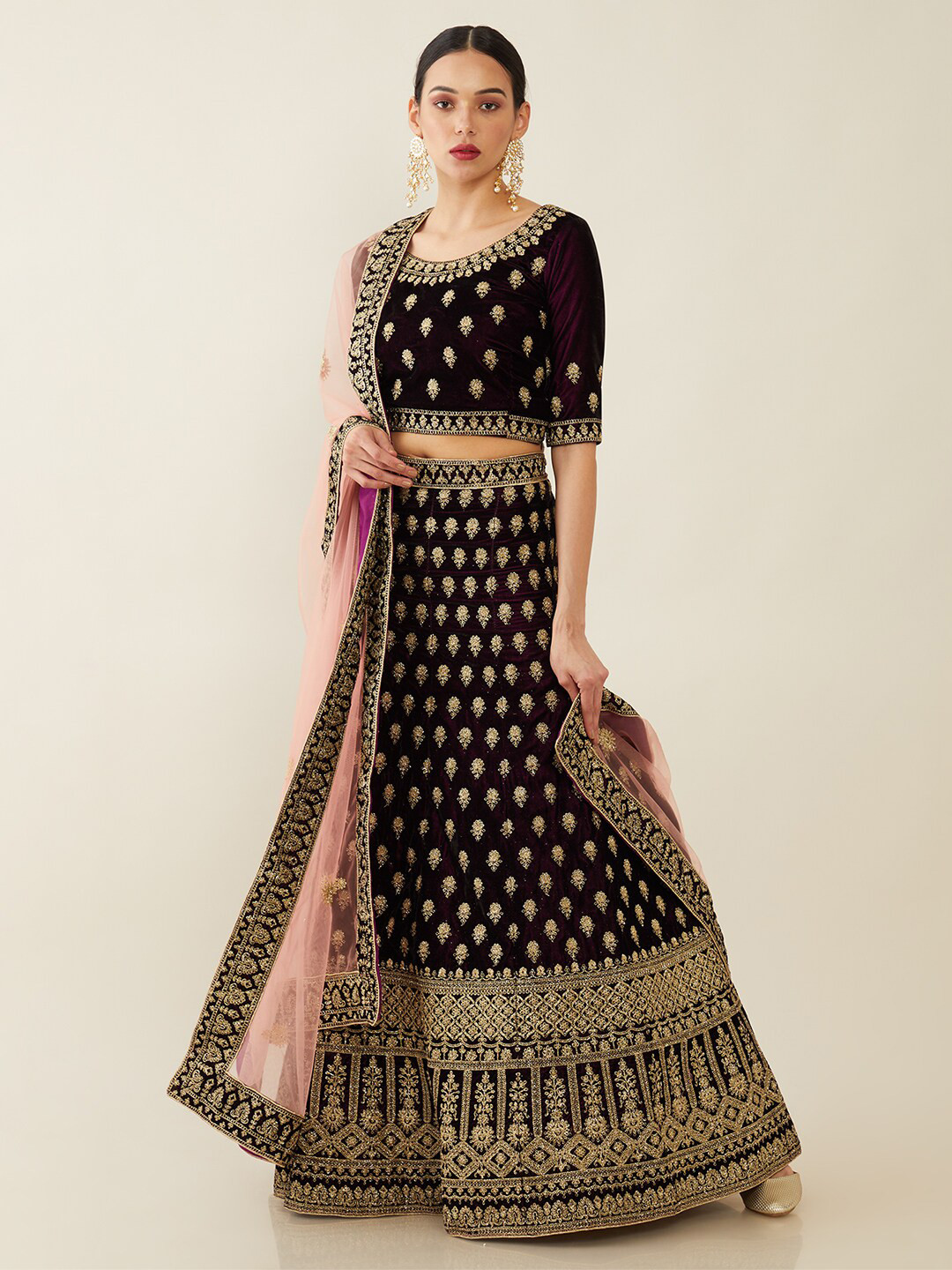 

Soch Purple & Gold-Toned Velvet Embroidered Unstitched Lehenga & Blouse With Dupatta