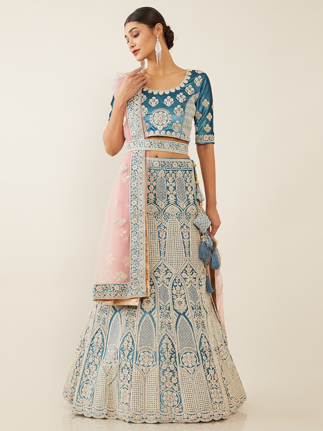 

Soch Blue & Pink Embroidered Thread Work Unstitched Lehenga & Blouse With Dupatta