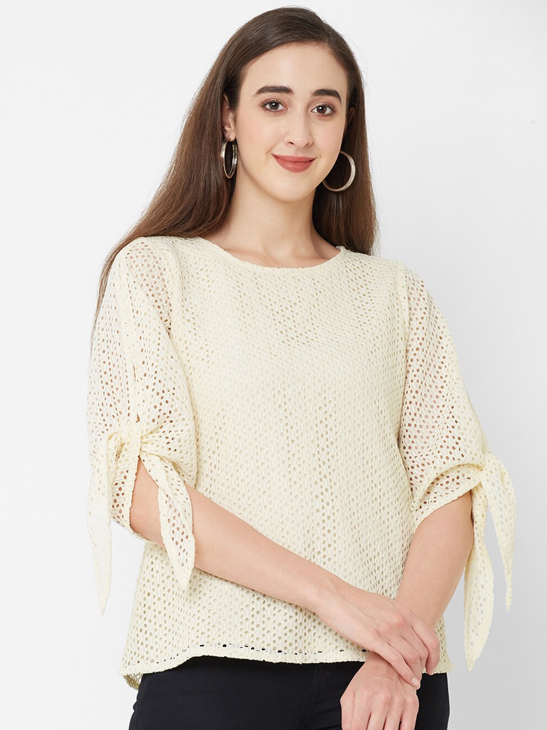

109F Women Yellow Self Design Top