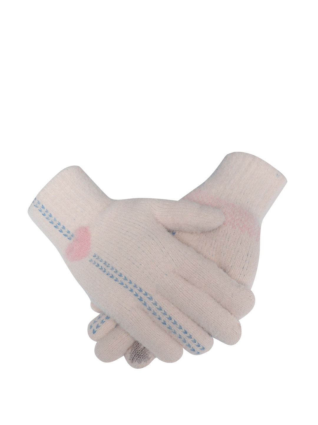 

LOOM LEGACY Women Cream-Coloured & Blue Patterned Hand Gloves