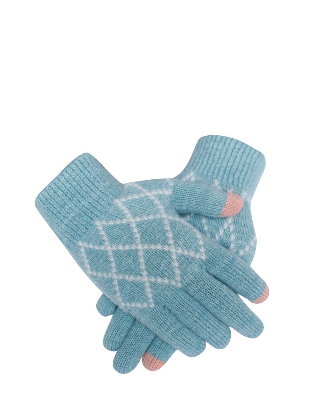 

LOOM LEGACY Women Sea Green & White Patterned Acrylic Hand Gloves