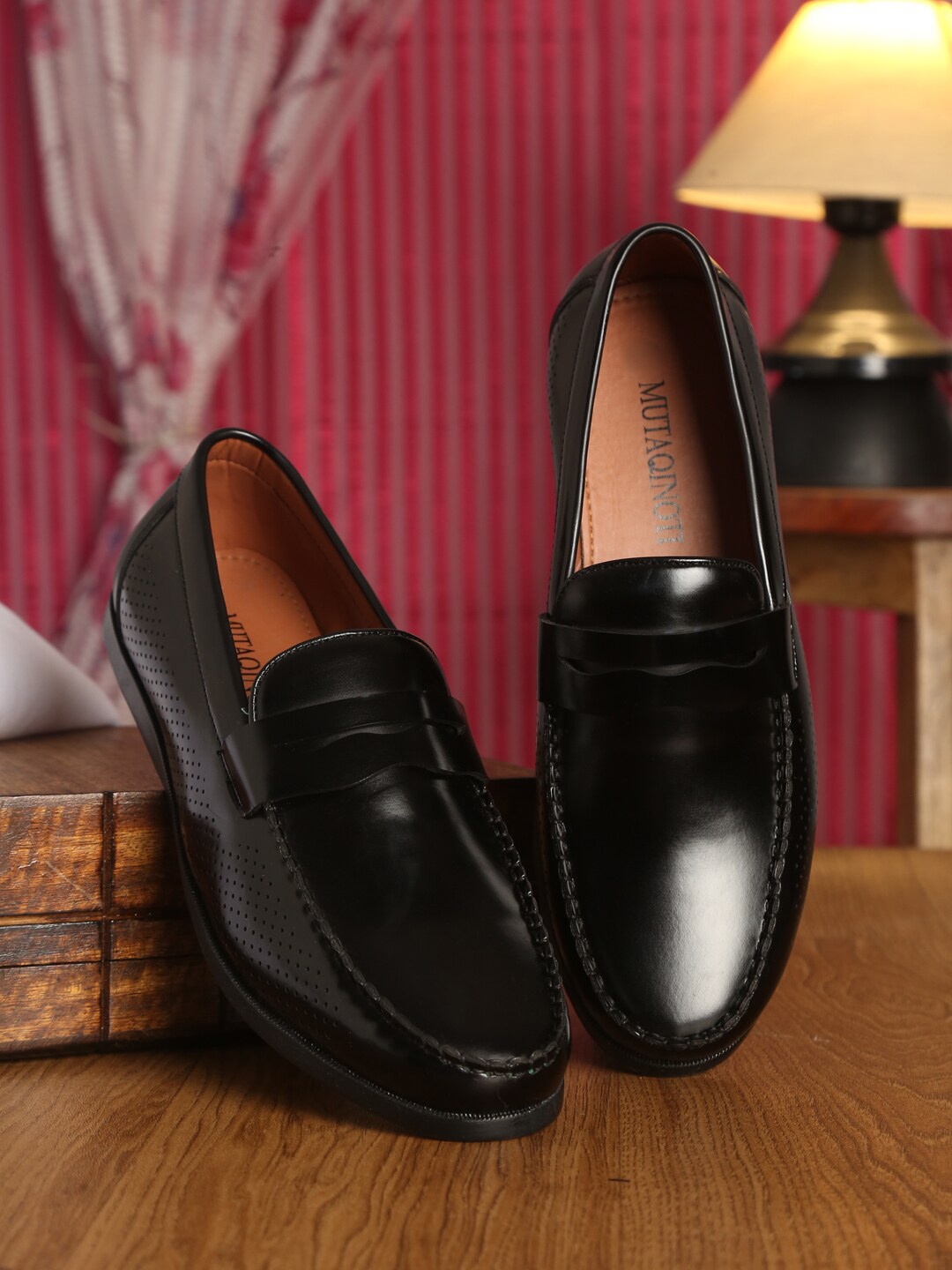 

MUTAQINOTI Men Black Lightweight Patent Leather Formal Loafers
