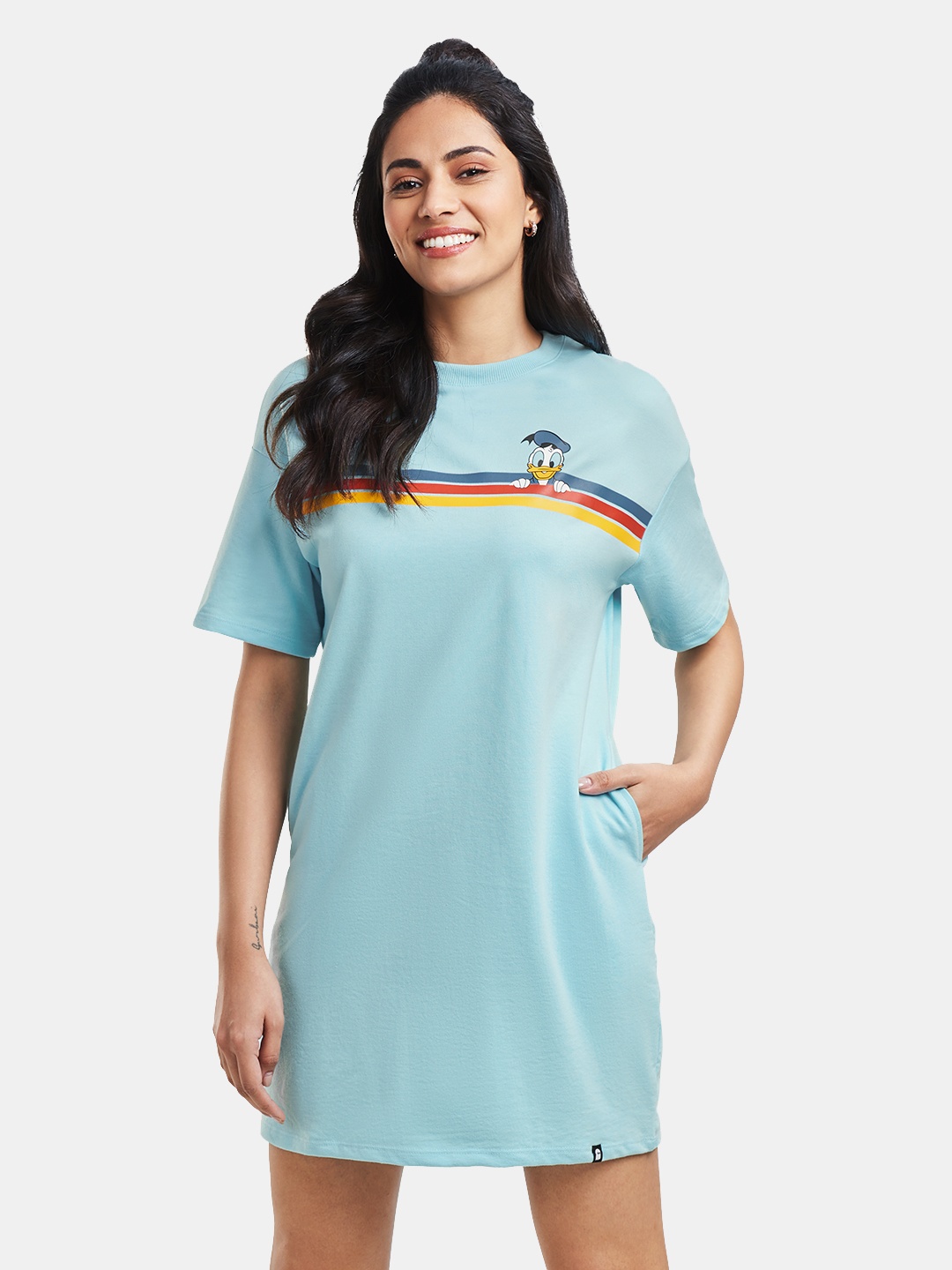 

The Souled Store Women Light Blue Donald Duck Print & Striped Oversized T-Shirt Dress