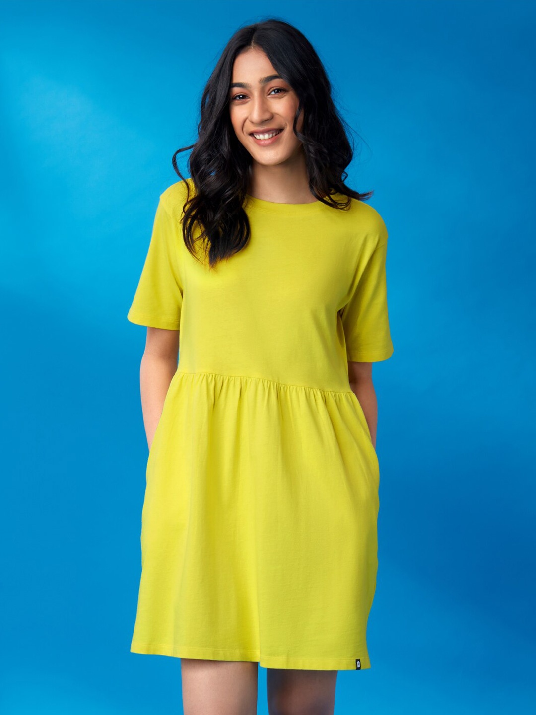 

The Souled Store Women Citrus Lime Green Solid Pleated Oversized Fit & Flare Dress