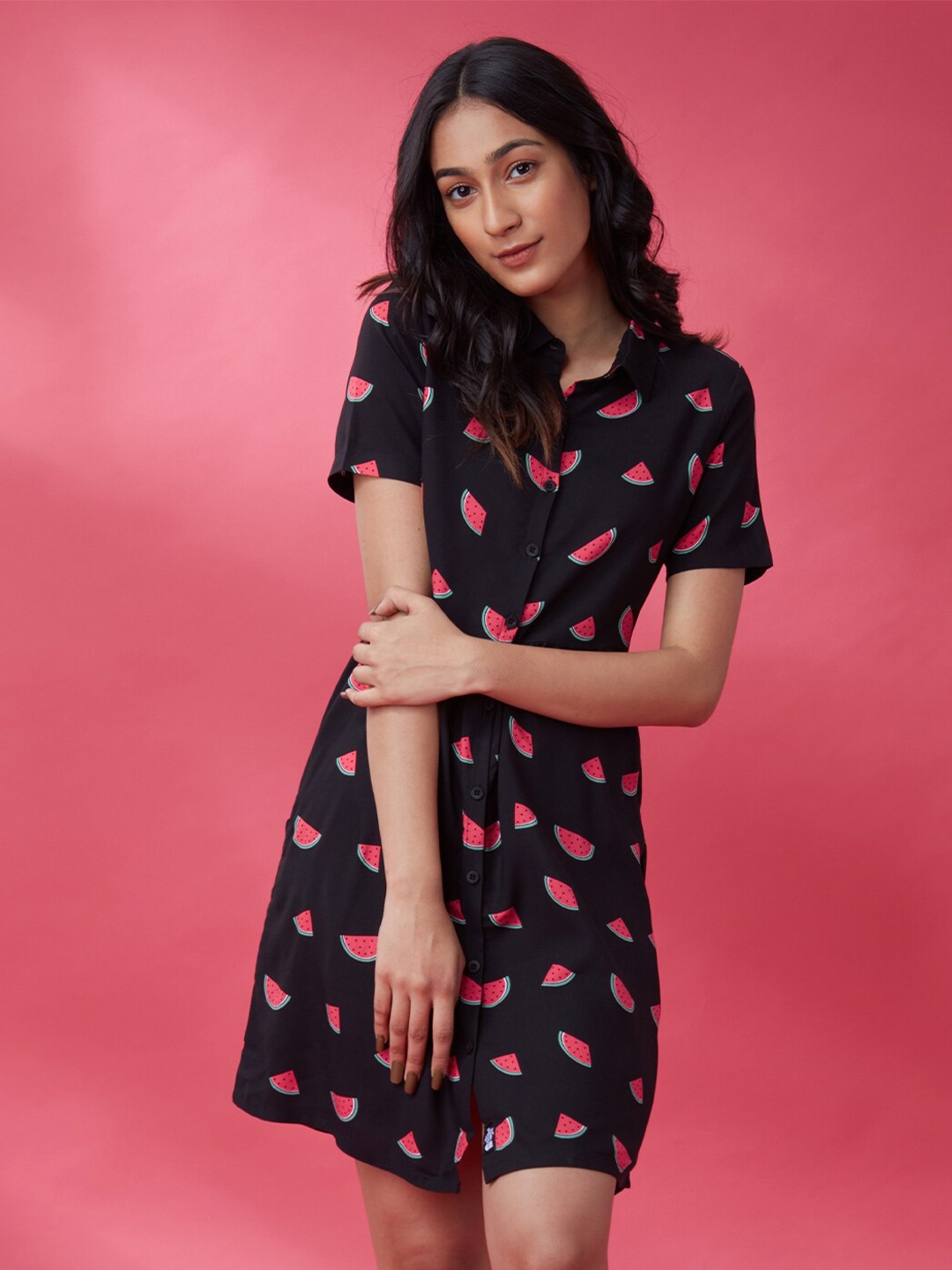 

The Souled Store Black & Pink Printed Shirt Dress