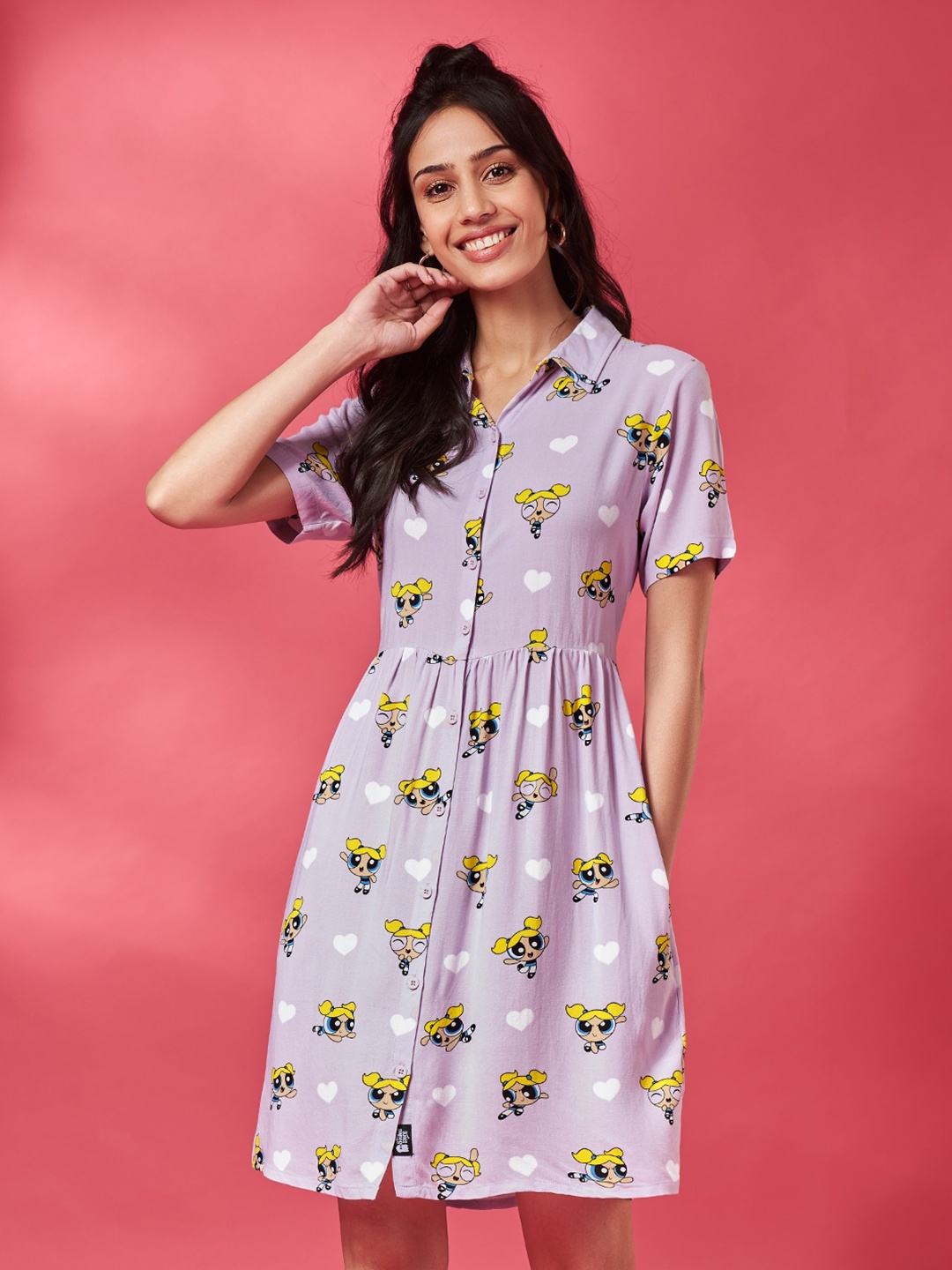

The Souled Store Grey & Yellow Powerpuff Girls Printed Shirt Dress