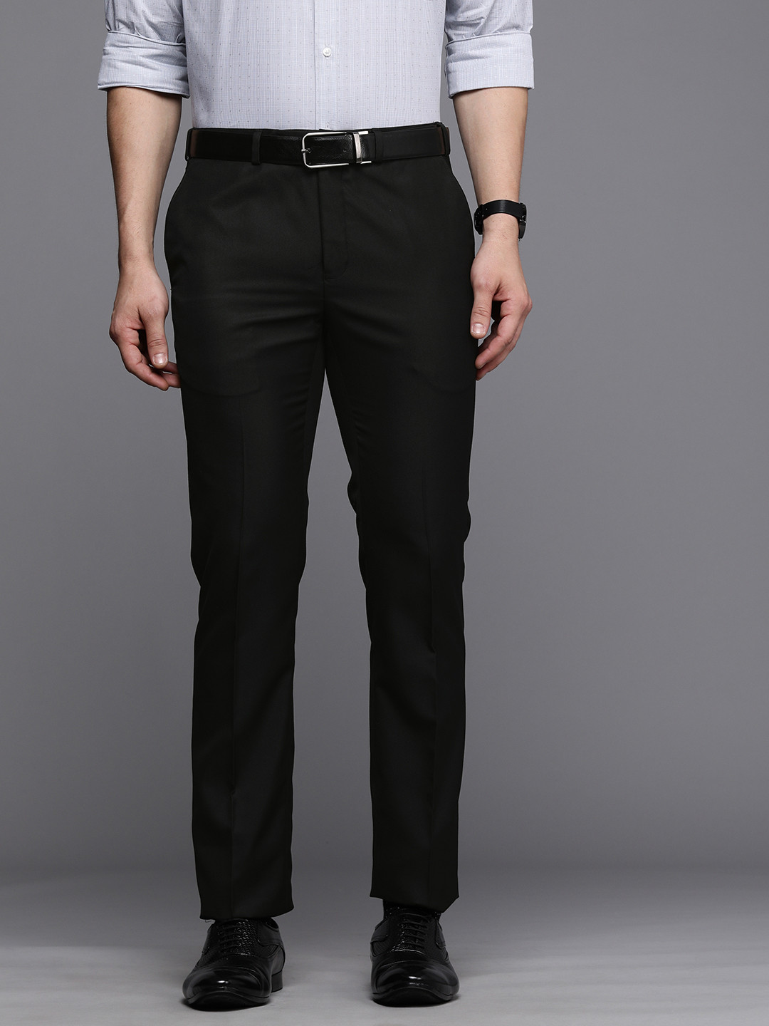 

Raymond Men Black Slim Fit Solid Mid-Rise Formal Trousers