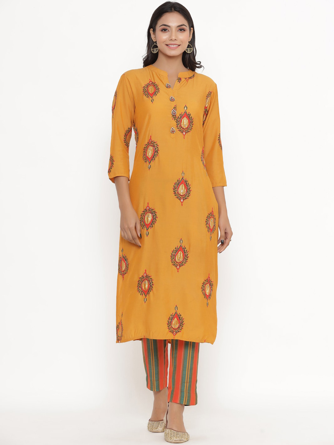 

DIVYANK Women Orange Floral Embroidered Kurta with Trousers