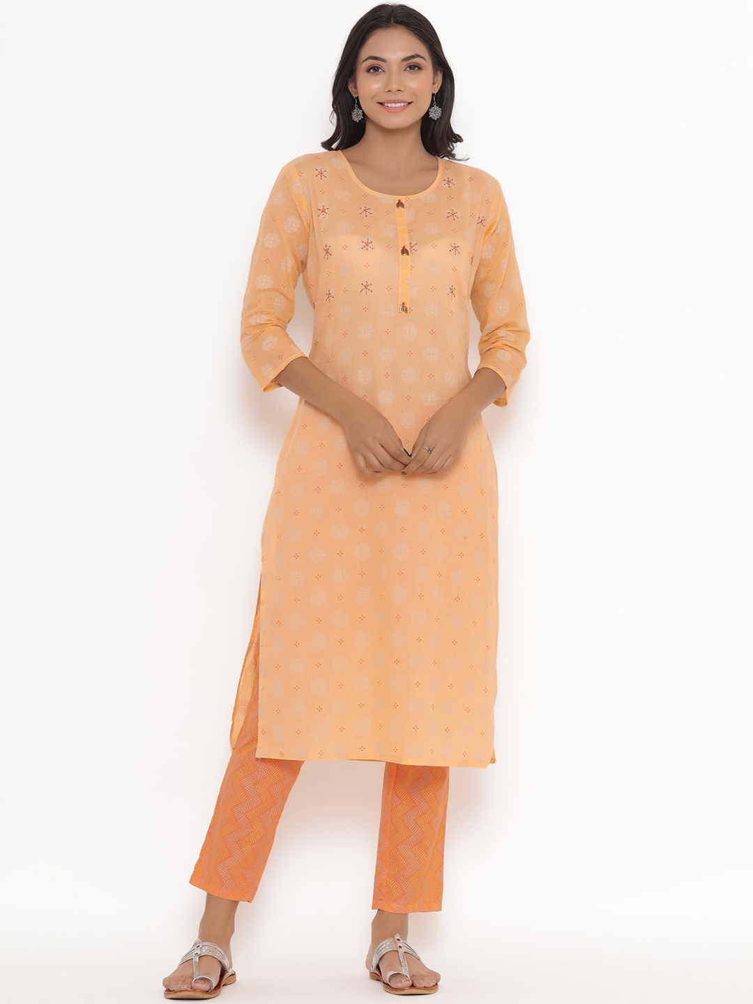 

DIVYANK Women Orange Floral Printed Thread Work Kurta with Trousers