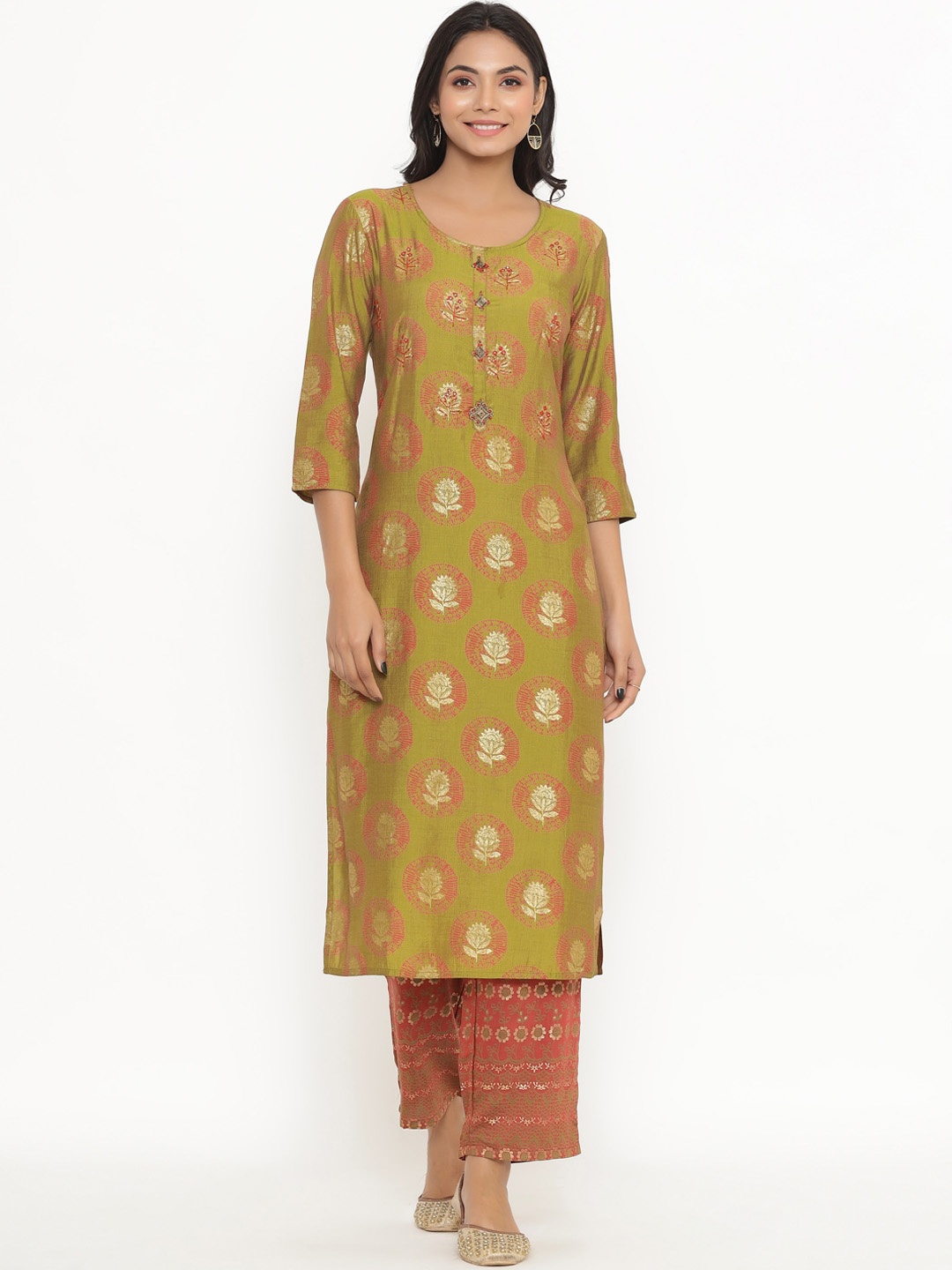 

DIVYANK Women Green & Red Ethnic Motifs Printed Kurta with Palazzos