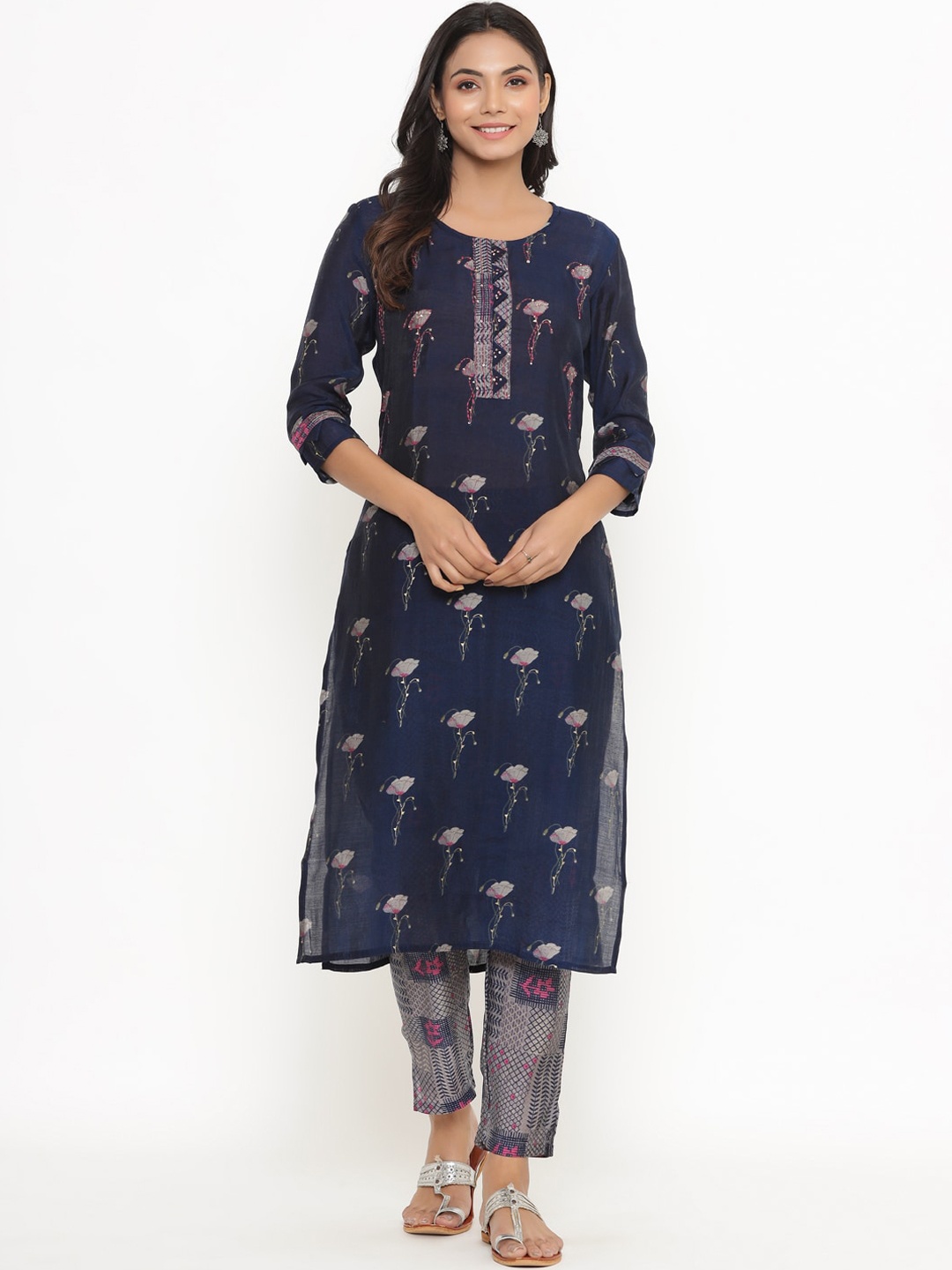 

DIVYANK Women Navy Blue Ethnic Motifs Printed Kurta with Trousers