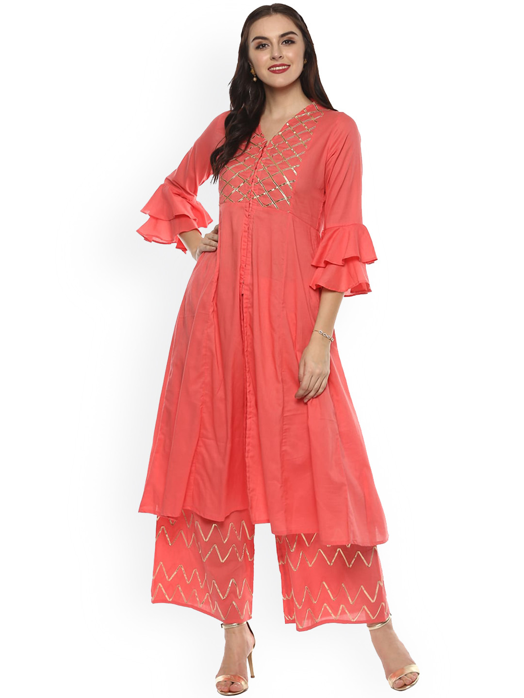 

Bhama Couture Women Orange Yoke Design High Slit Kurta with Palazzos