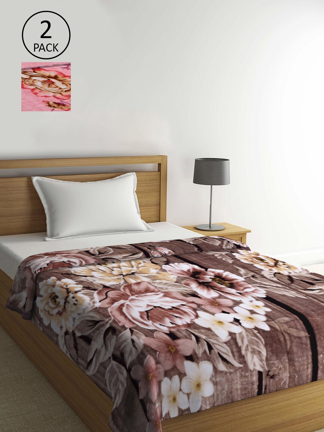 

KLOTTHE Pink & Brown Set of 2 Floral 1000GSM Heavy Winter Single Bed Woolen Blanket